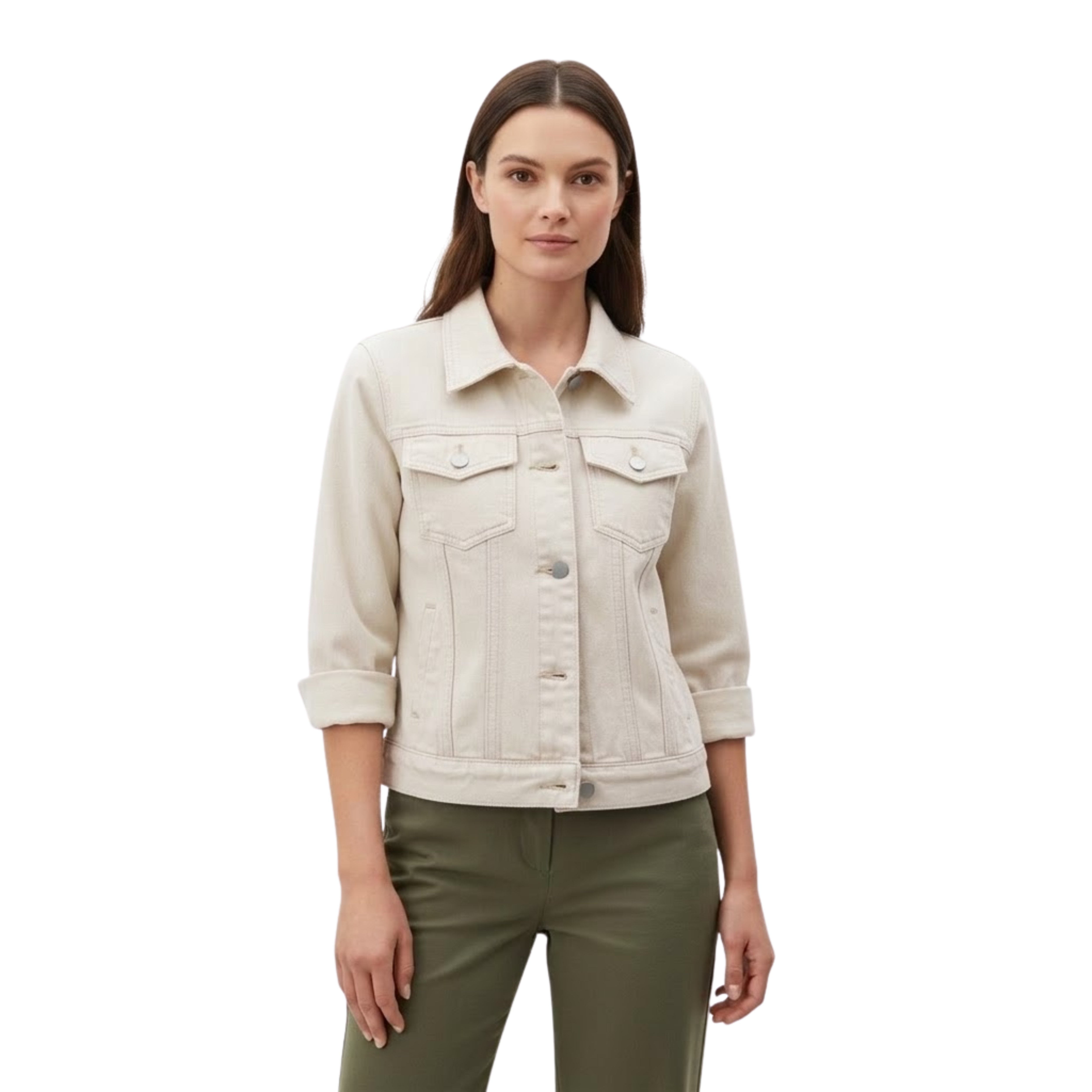 Short Denim Jacket with Buttons and Chest Pockets for Women