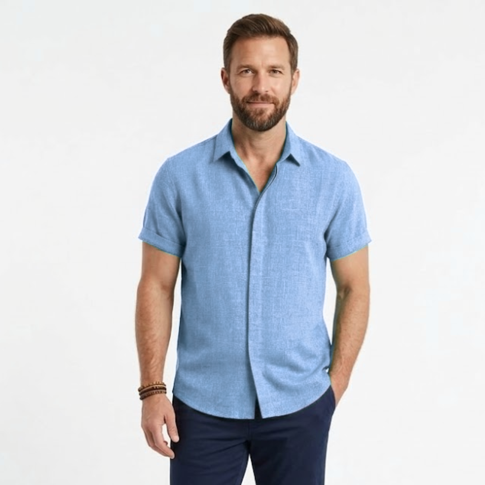 Chemise en Coton et Lin à Manches Courtes avec Col Rabattu pour Homme