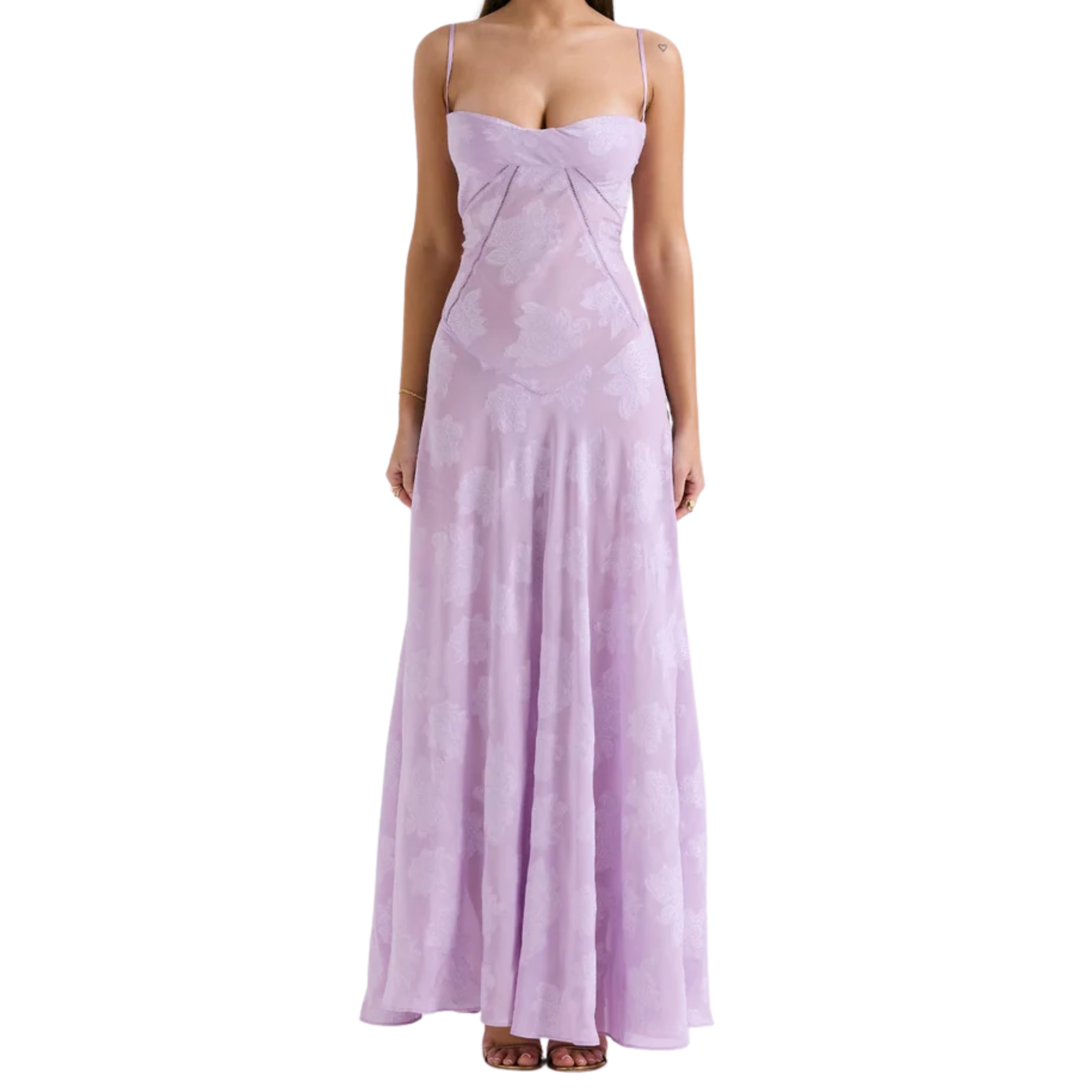 Vestido de noche largo con corsé, bordados florales y corte evasé para mujer