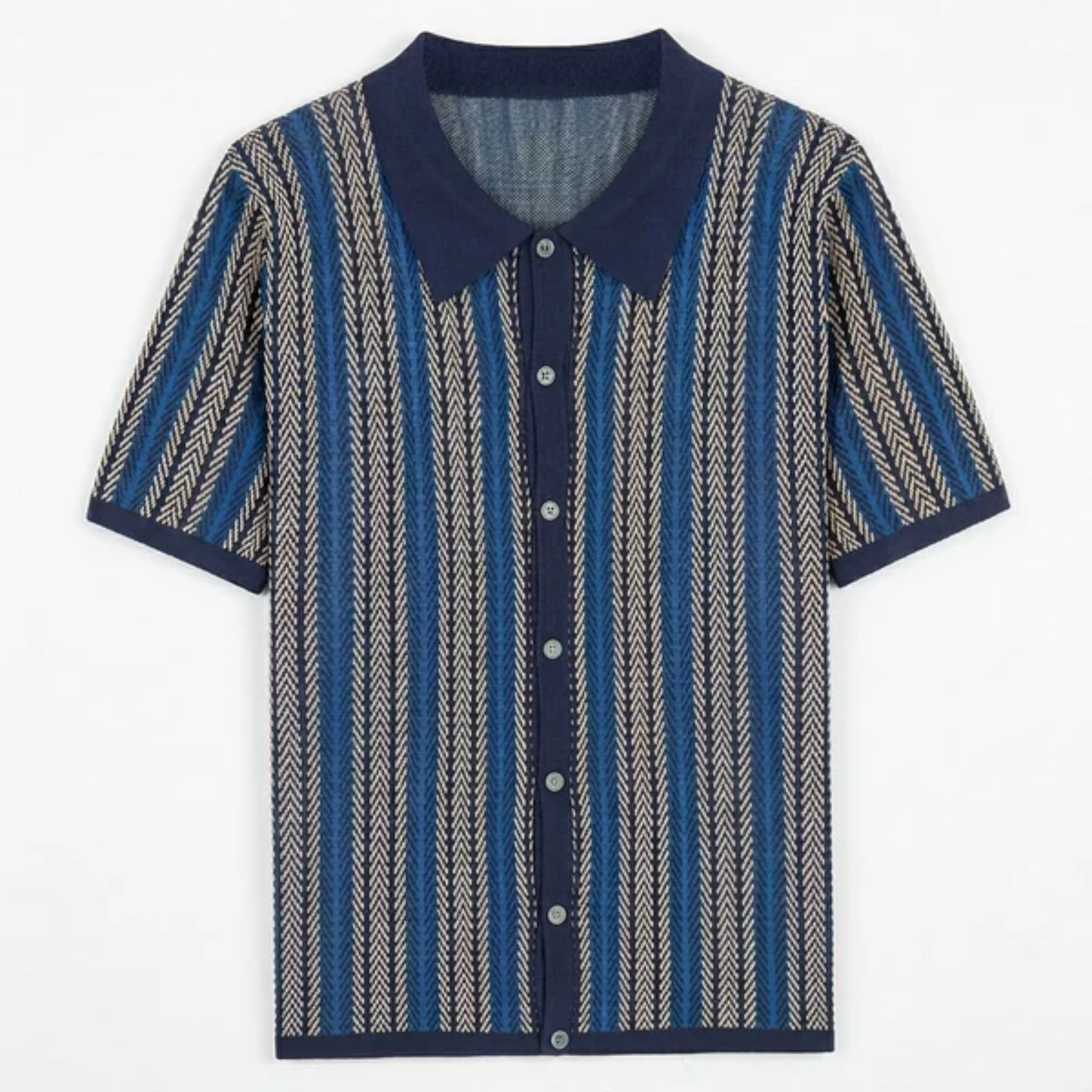 Men's knit polo — vertical stripes — casual resort style