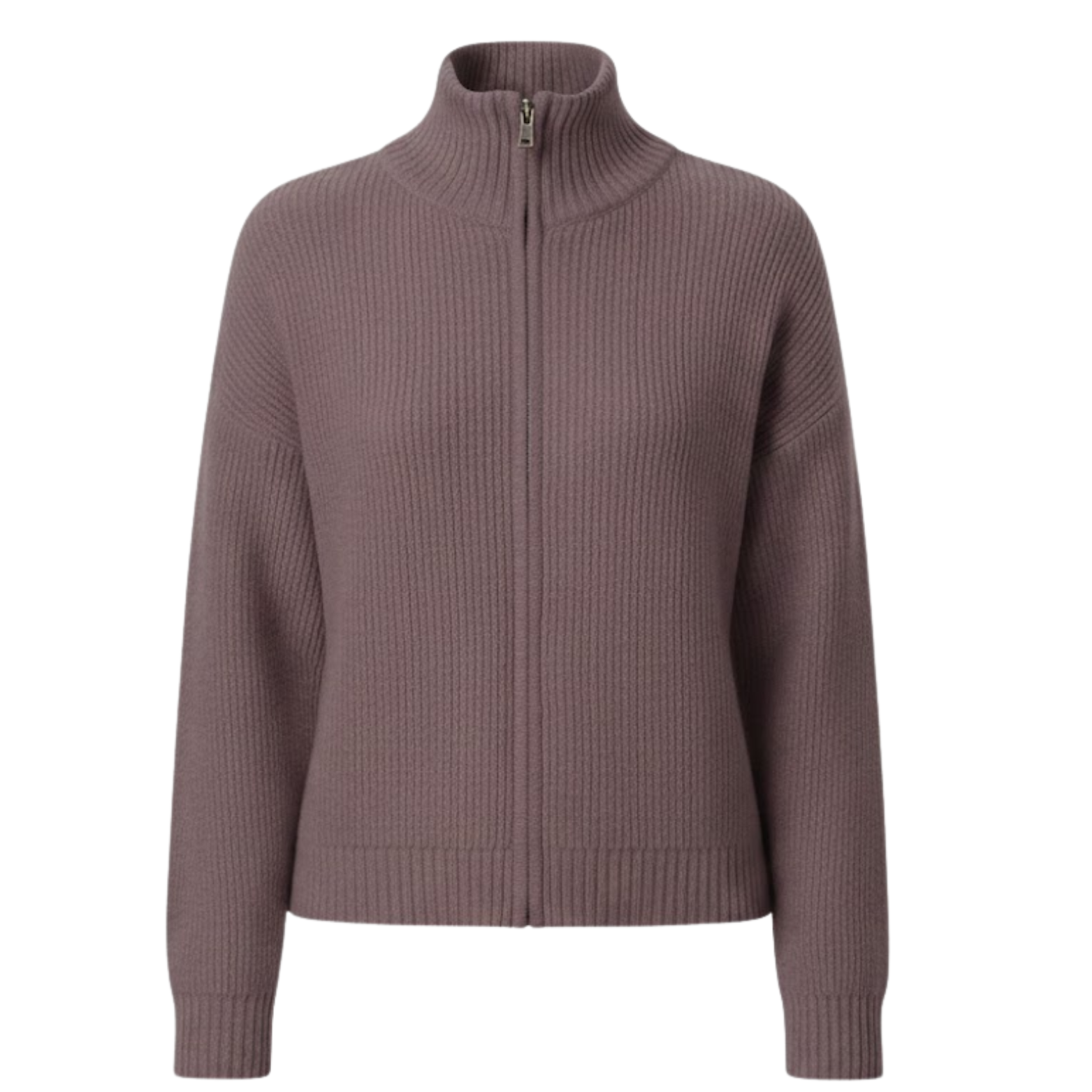 Casual turtleneck sweater, ribbed knit, long-sleeve zip-up cardigan for women