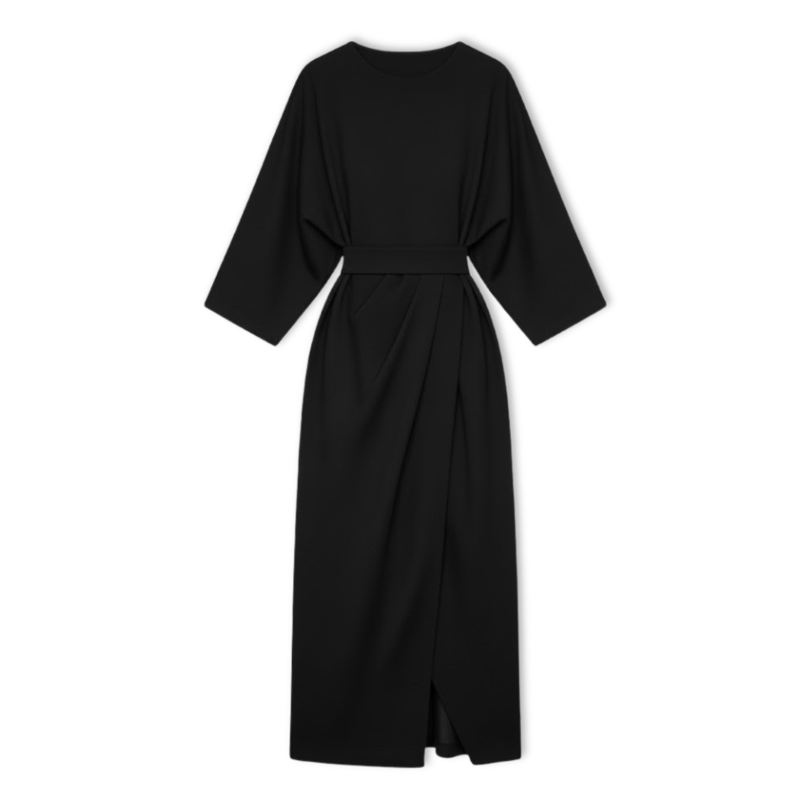 Long women's dress with batwing sleeves and a fitted waist, flowing silhouette