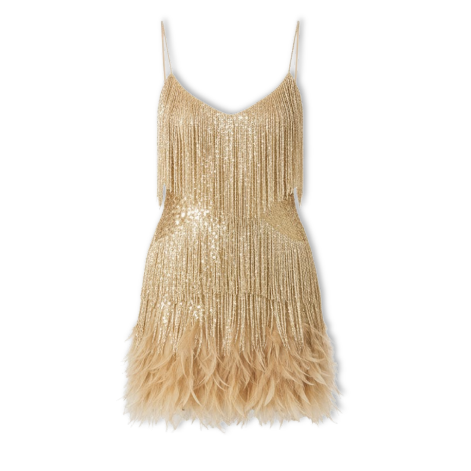 Evening gown with sequins and feathers, V-neckline, and thin straps