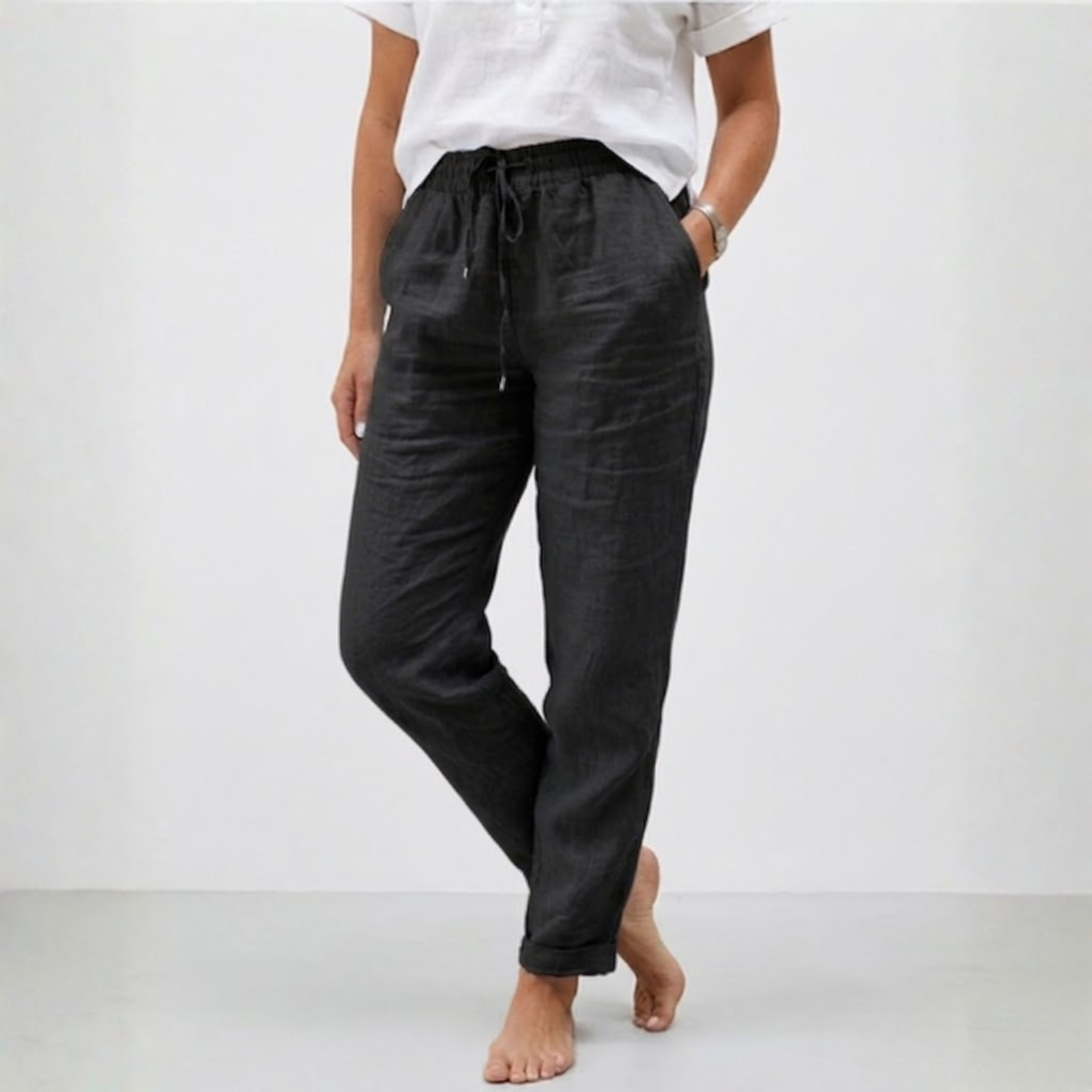 Pantalon en Coton et Lin à Taille Haute Élastique et Coupe Décontractée pour Femme