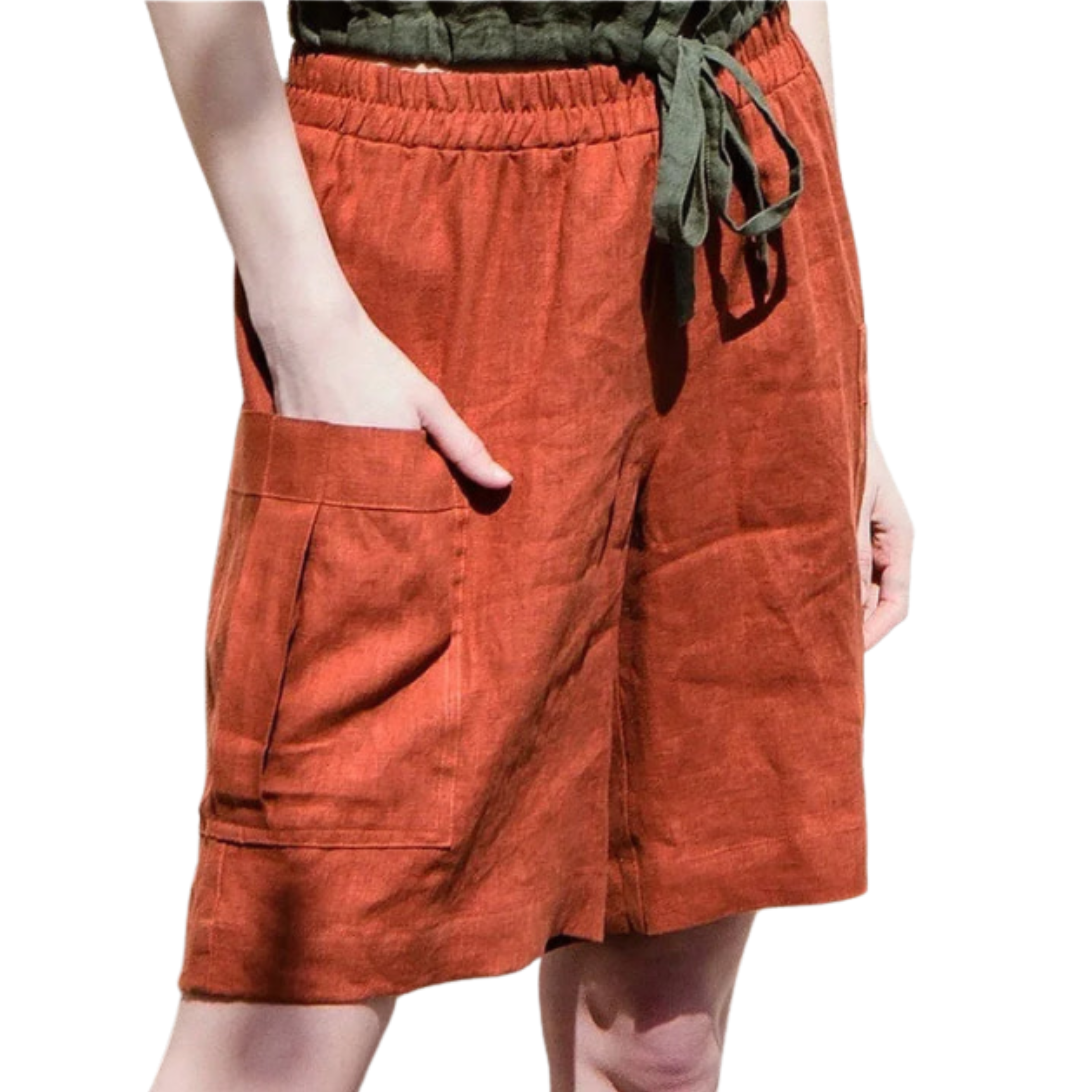 Short bermuda de lino para mujer con talle alto y bolsillos aplicados