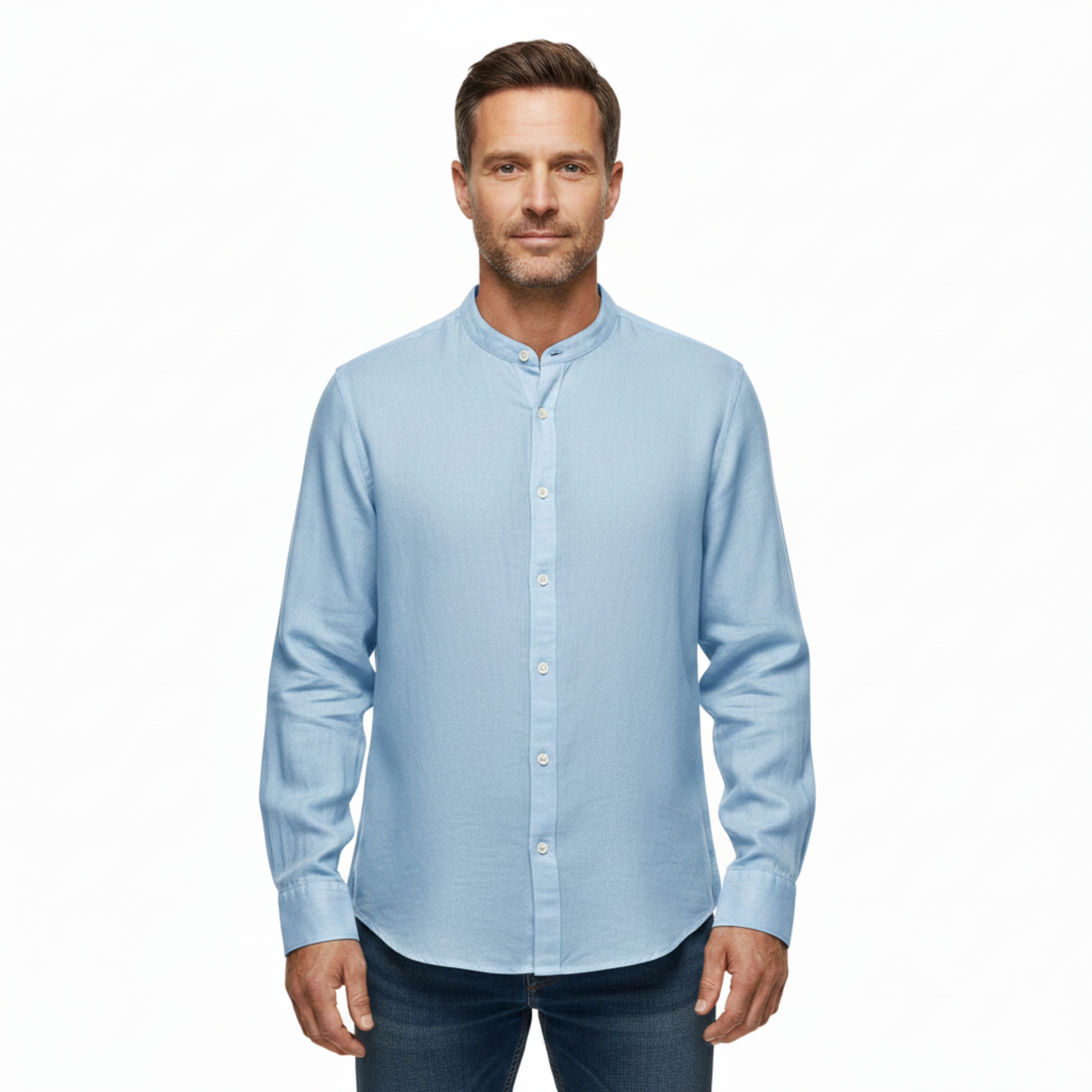 Camisa de lino para hombre con cuello clásico y mangas largas ajustables