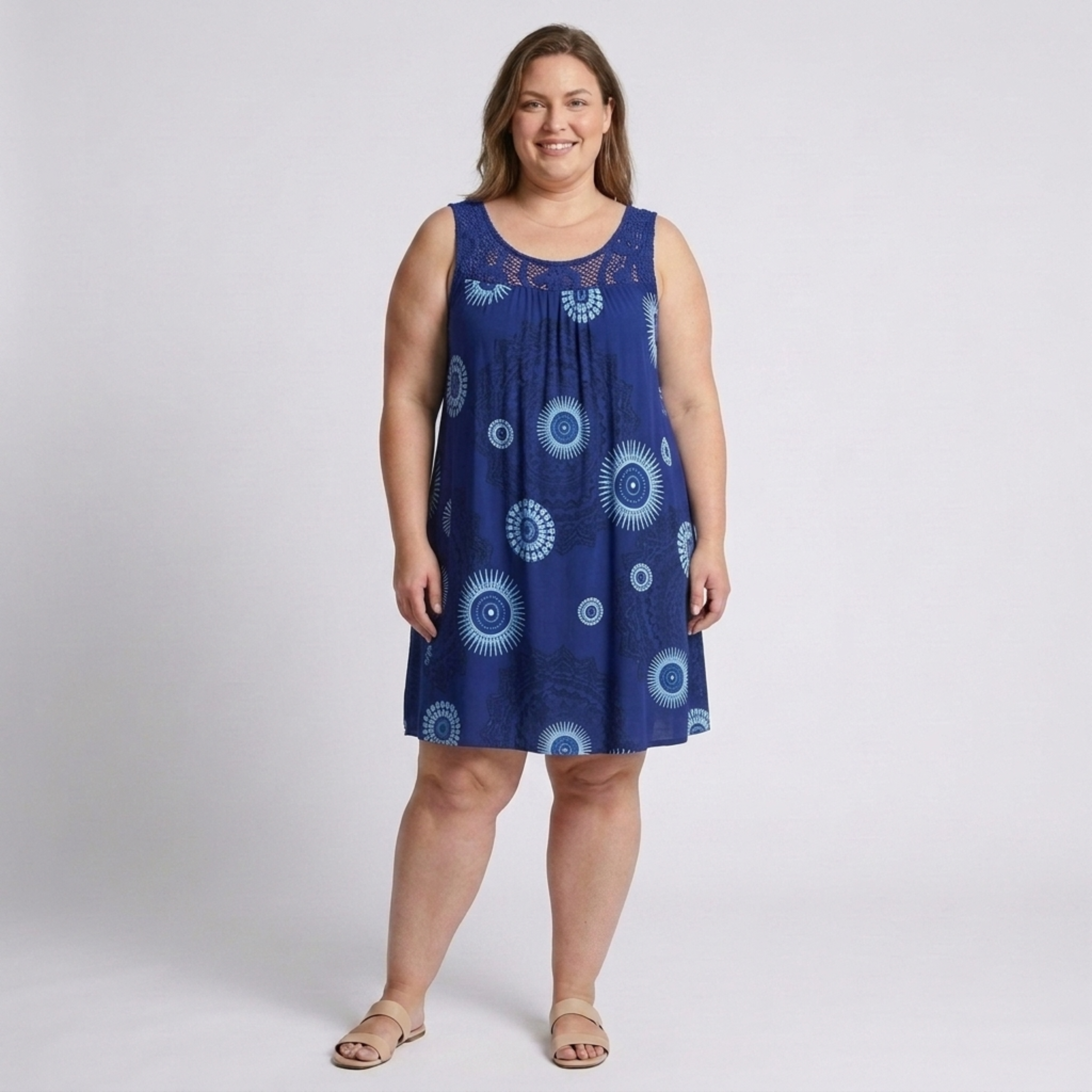 Robe d'été grande taille pour femme en coton imprimé vintage avec détails en dentelle