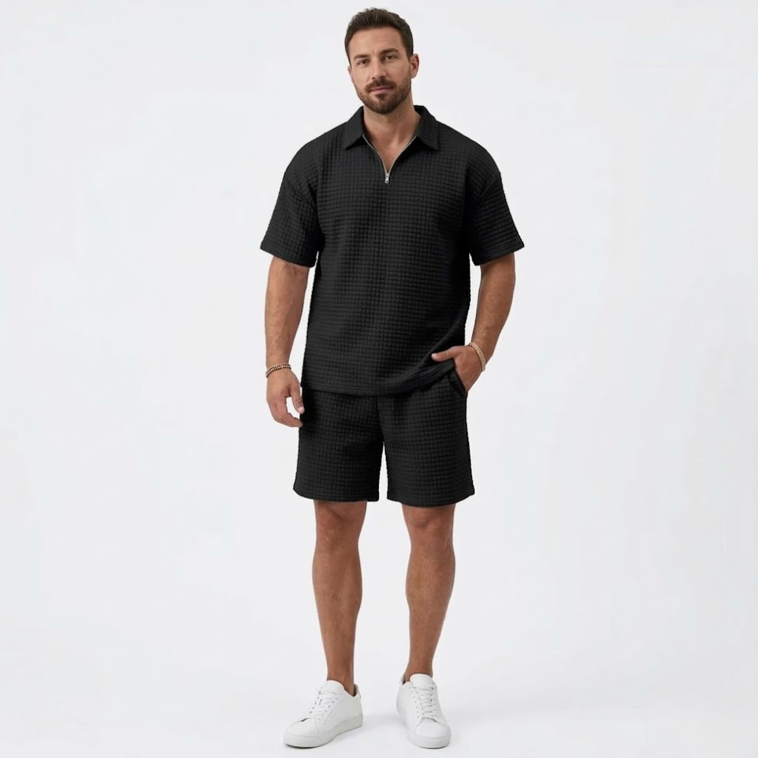 Men's Casual Set with Lapel Shirt and Checkered Shorts