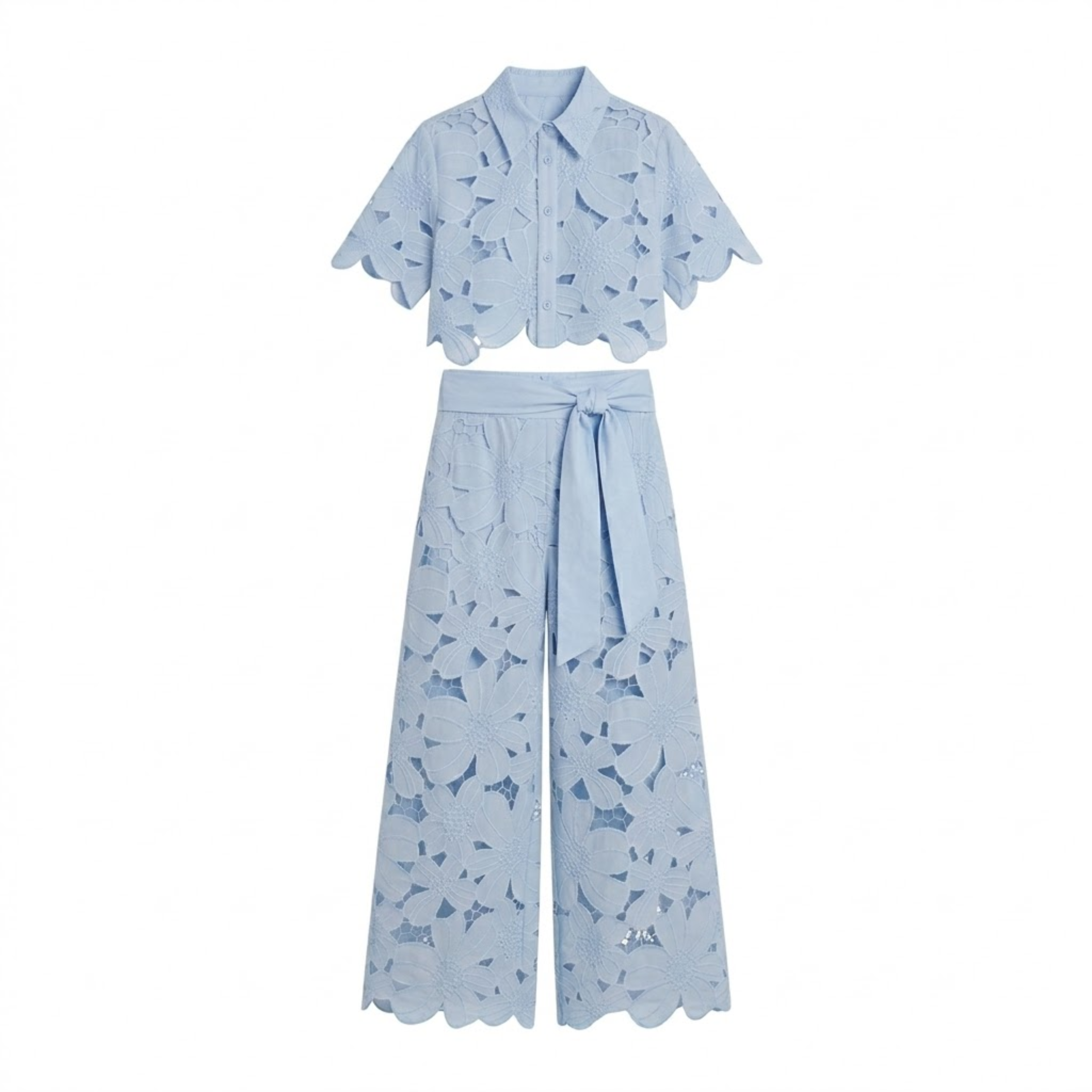 Women's Two-Piece Set with Lace Crop Top and Wide-Leg Pants