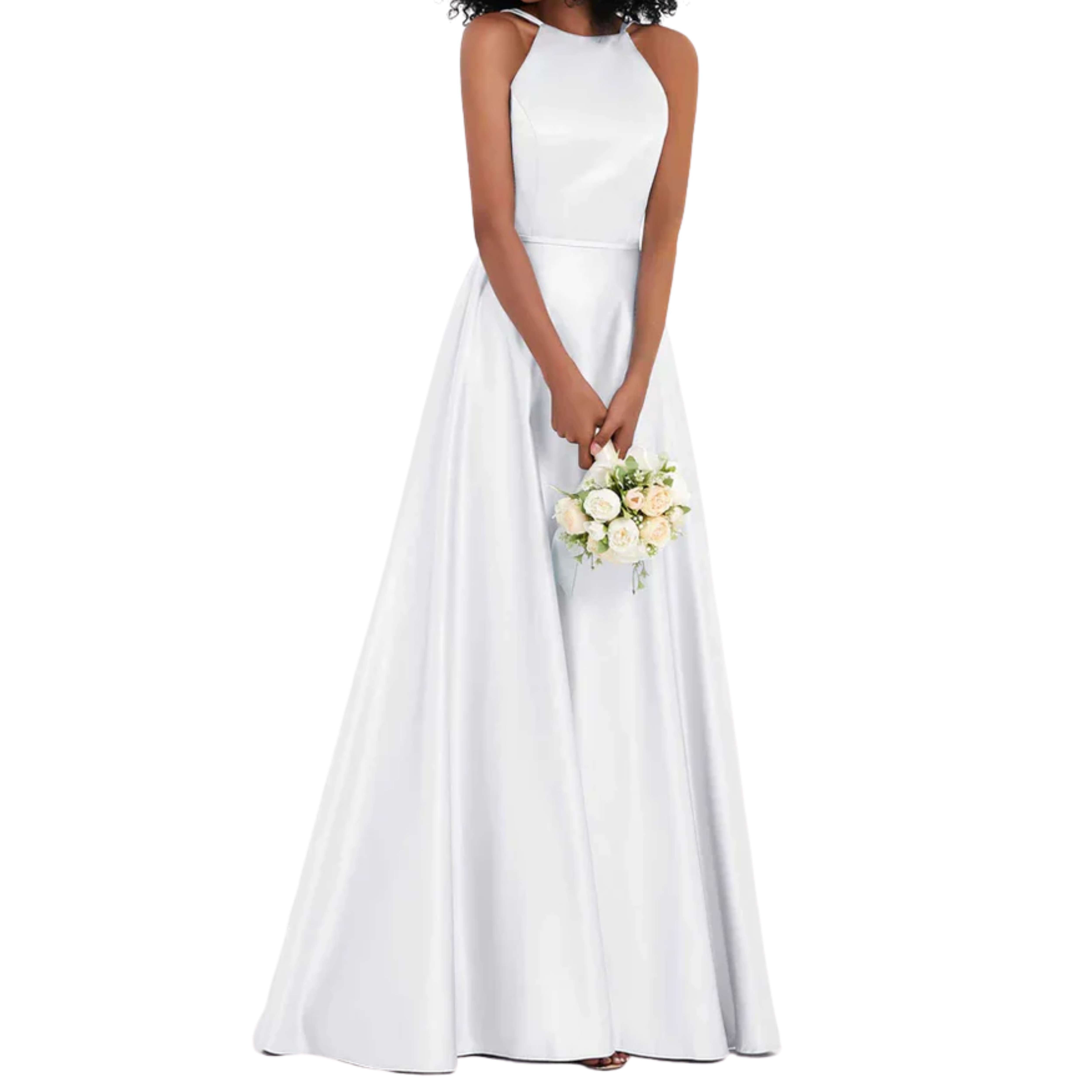 Vestido de ceremonia para mujer en satén brillante corte evasé con espalda descubierta