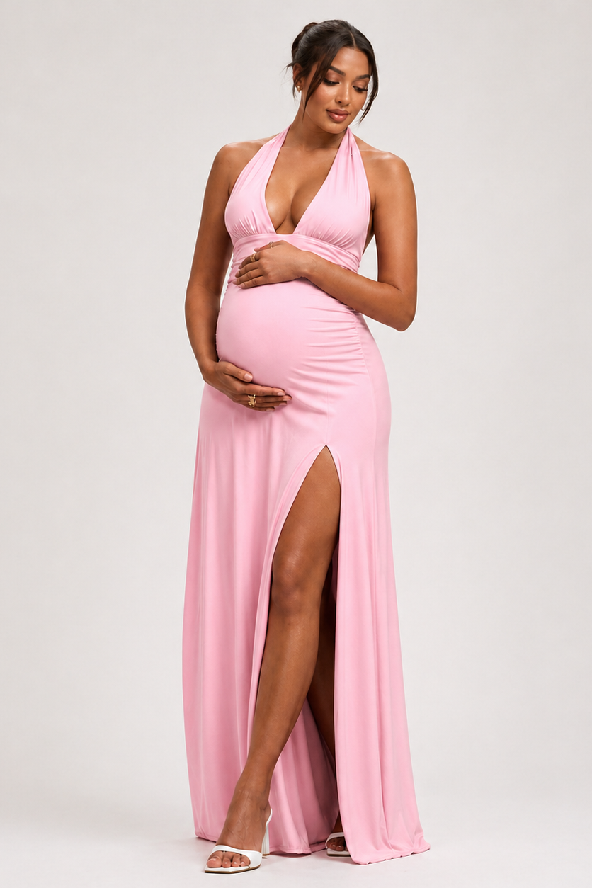 Langes Umstands-Kleid mit offenem Rücken und Schlitz