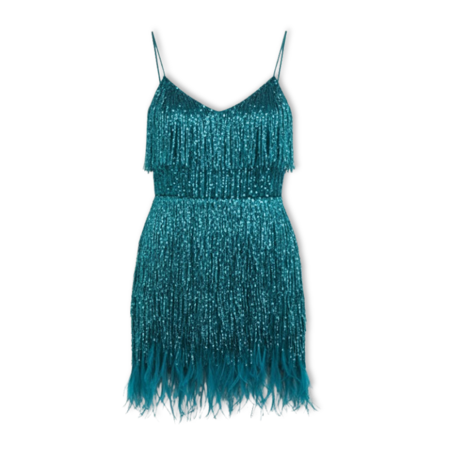 Evening gown with sequins and feathers, V-neckline, and thin straps