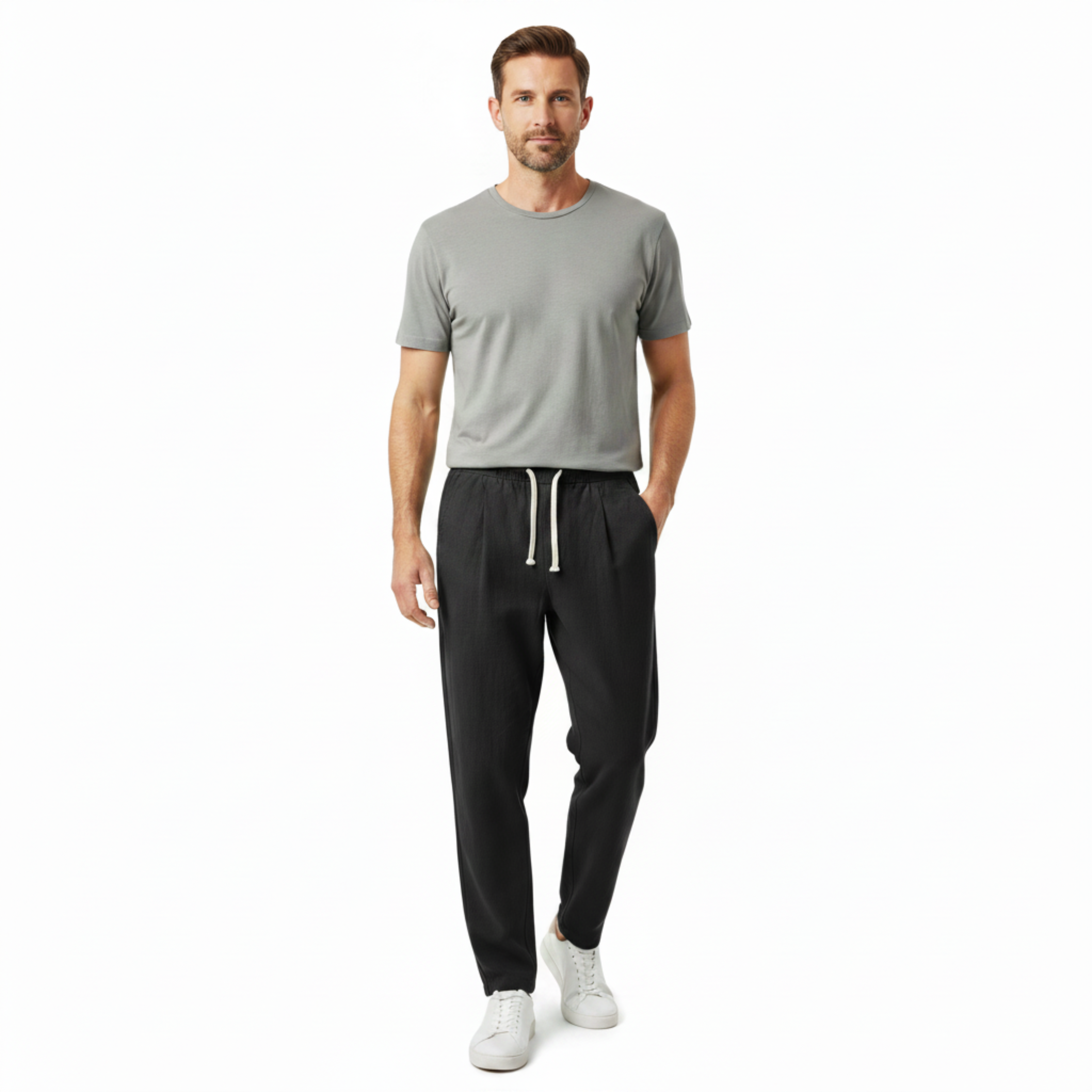 Men's Linen Capri Pants Relaxed Tapered Fit with Elastic Waistband