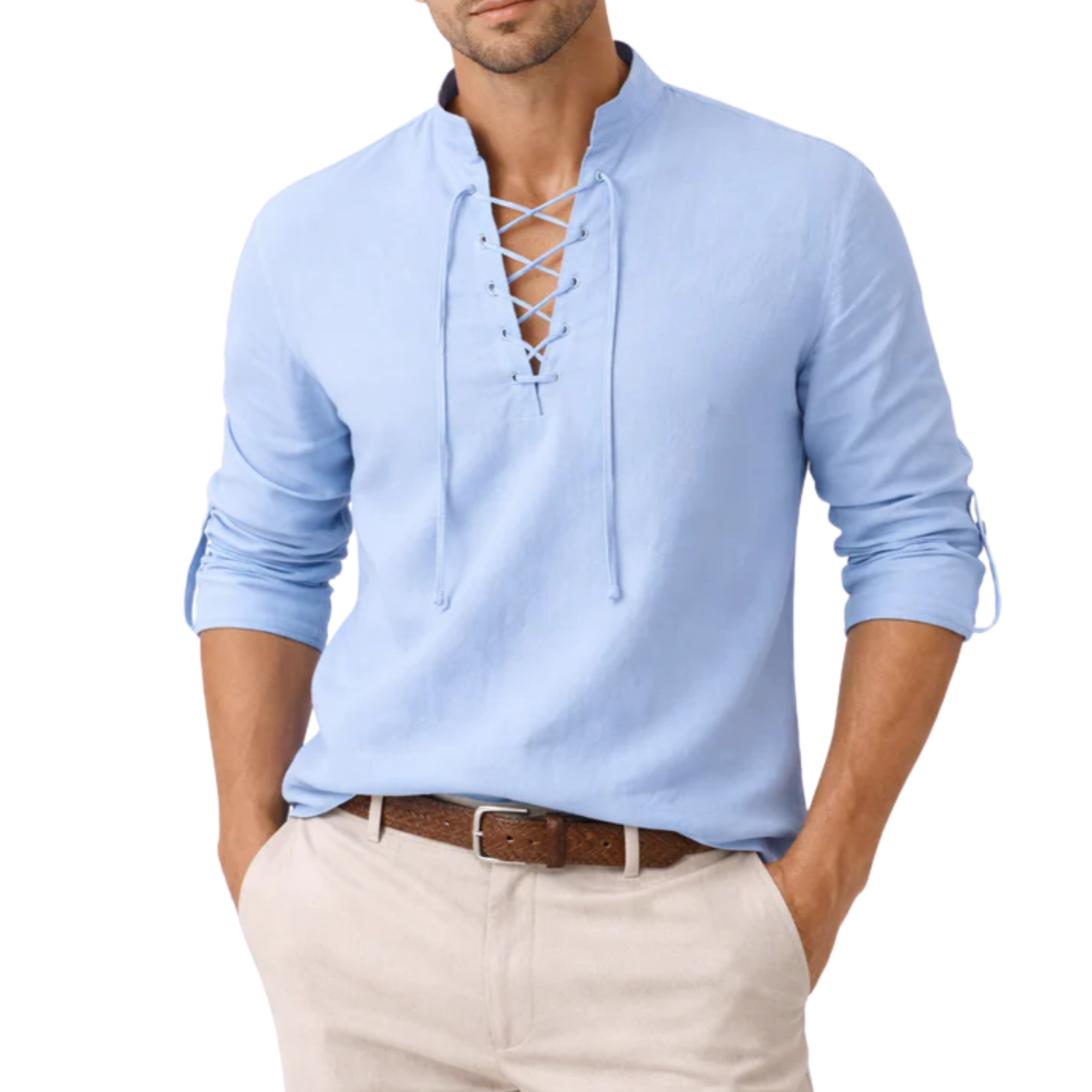 Camisa de lino para hombre con cierre de cordones y mangas largas corte ajustado