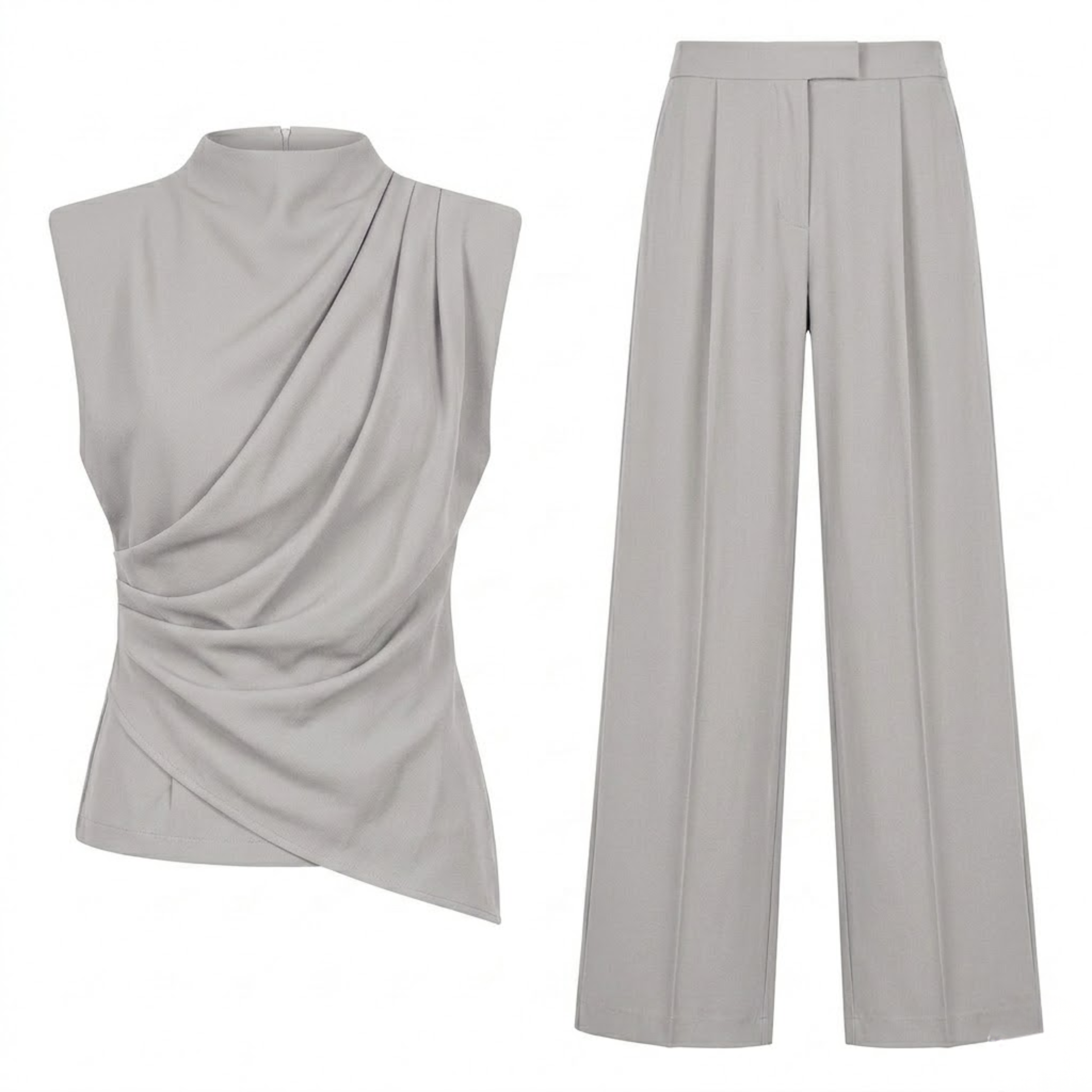 Conjunto de dos piezas para mujer con top sin mangas drapeado y pantalón ancho fluido