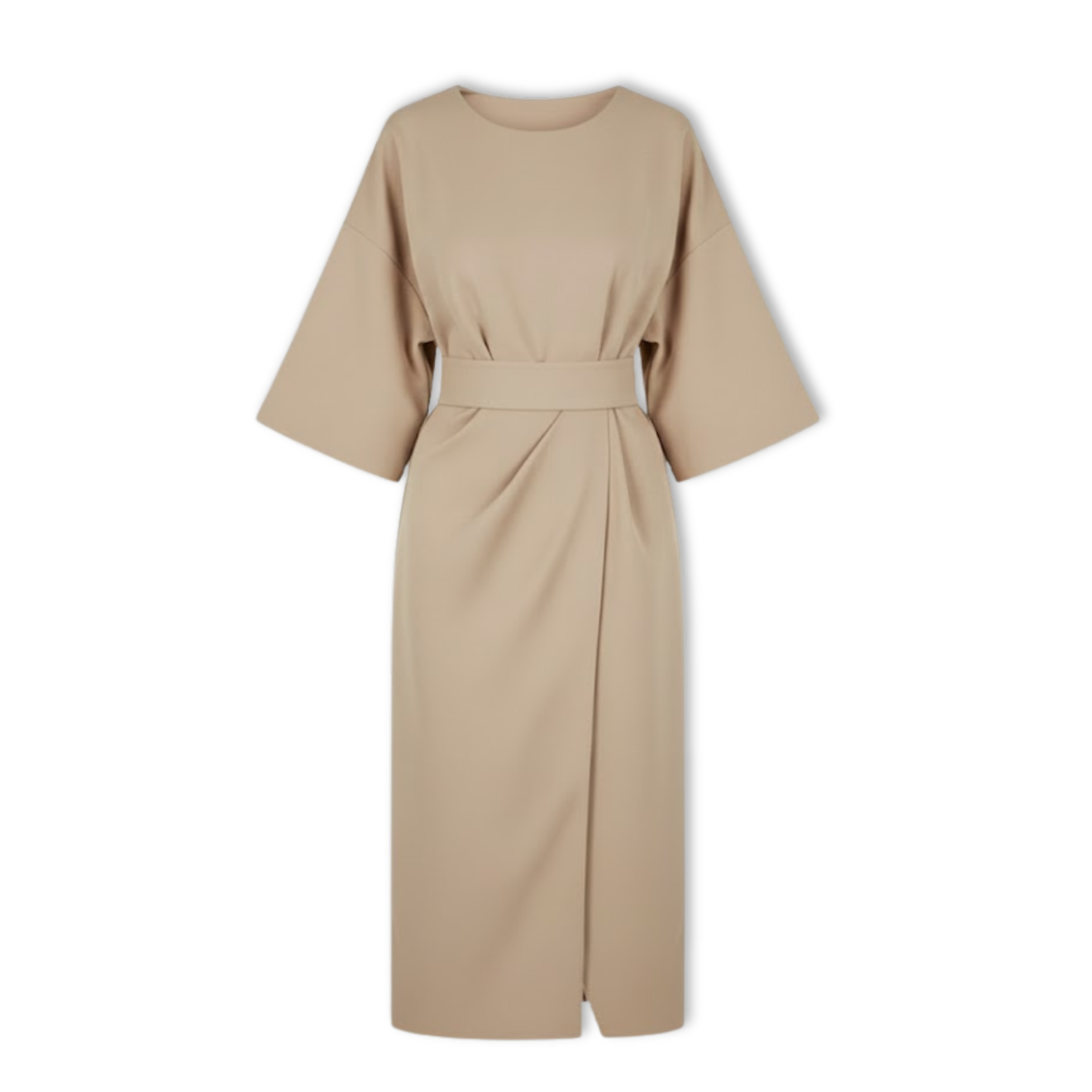 Long women's dress with batwing sleeves and a fitted waist, flowing silhouette