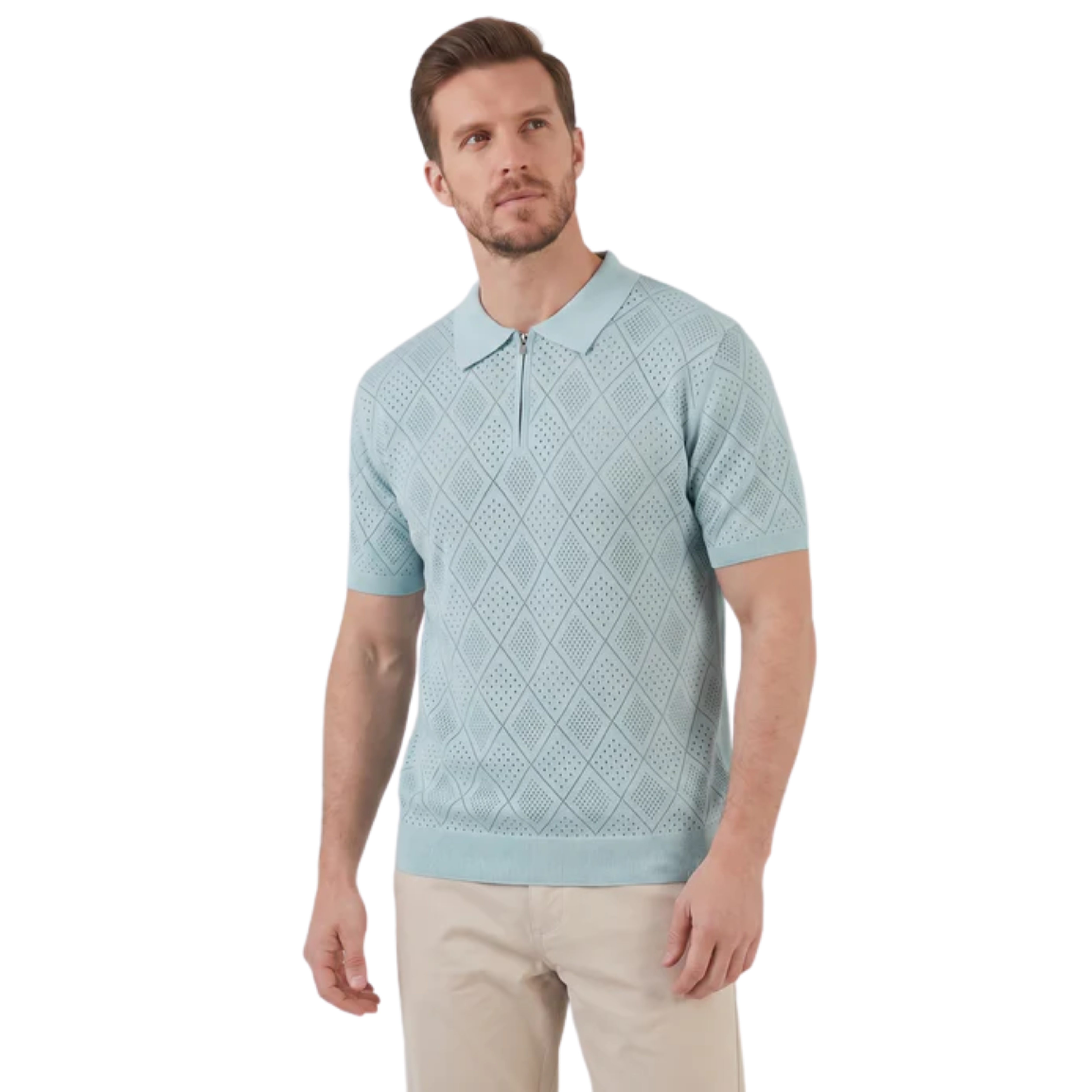 Polo masculino em malha aberta com fecho éclair — viagem