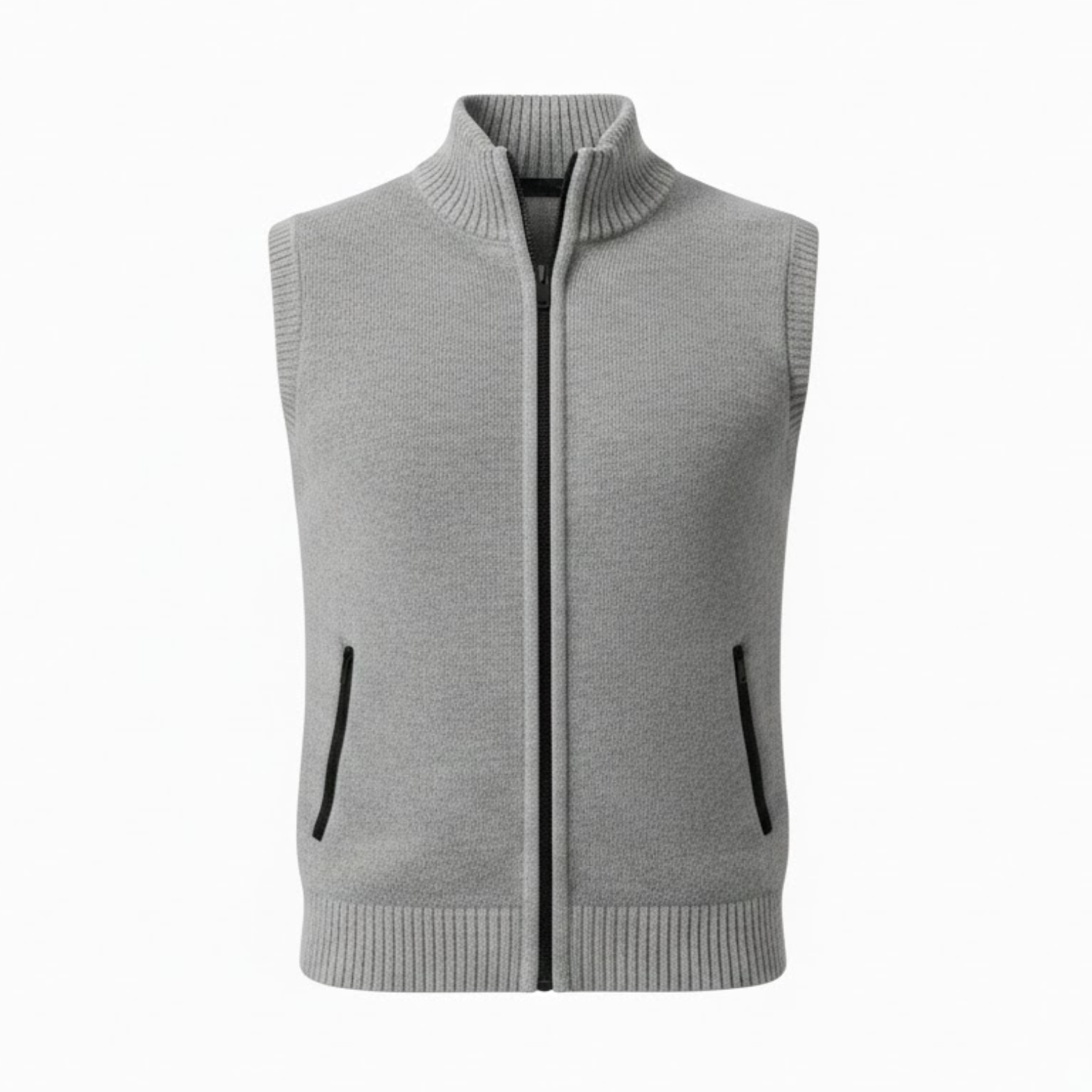 Sleeveless knitted vest with zipper and stand-up collar