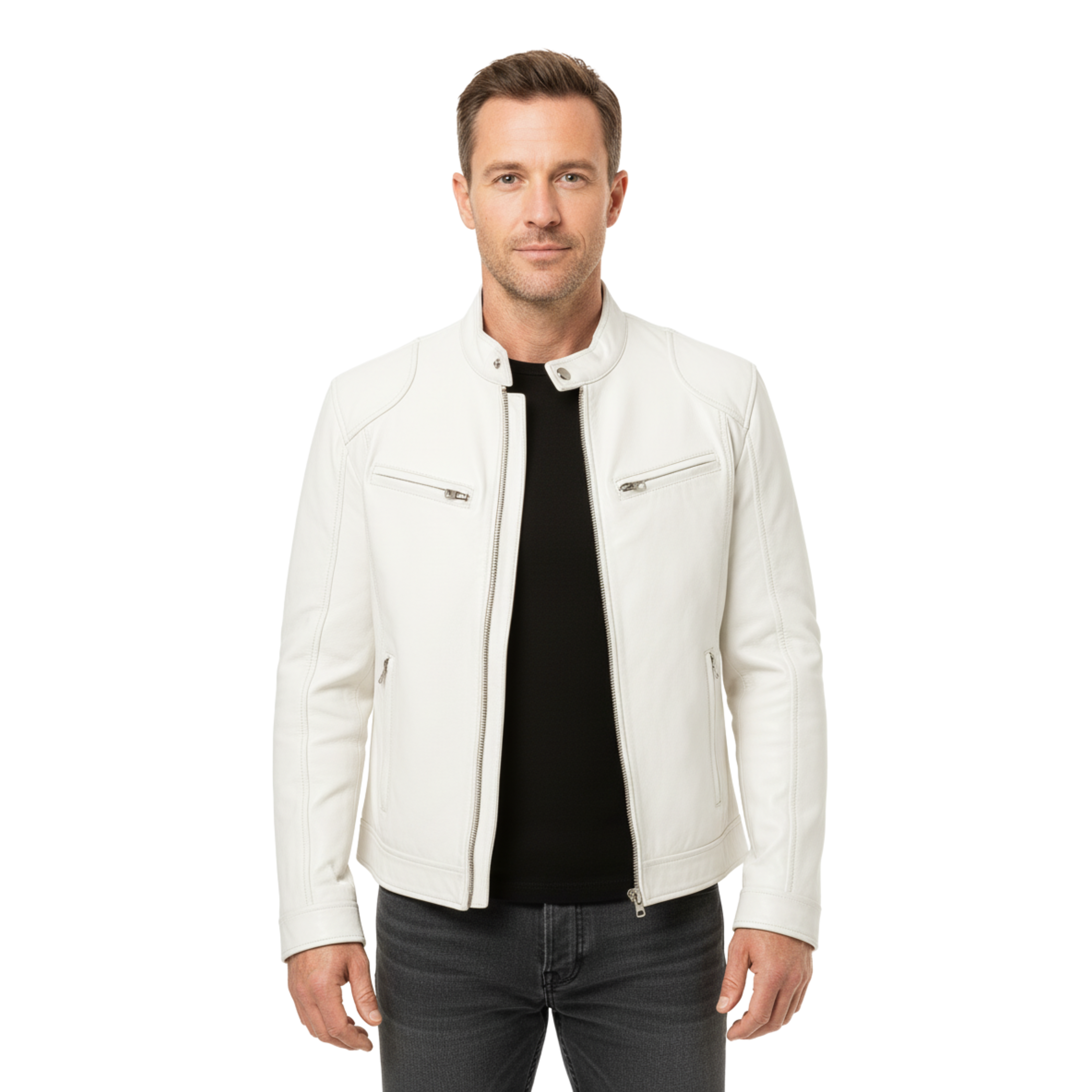 Herre lædervest med officerkrave og lynlåslommer, tætsiddende pasform