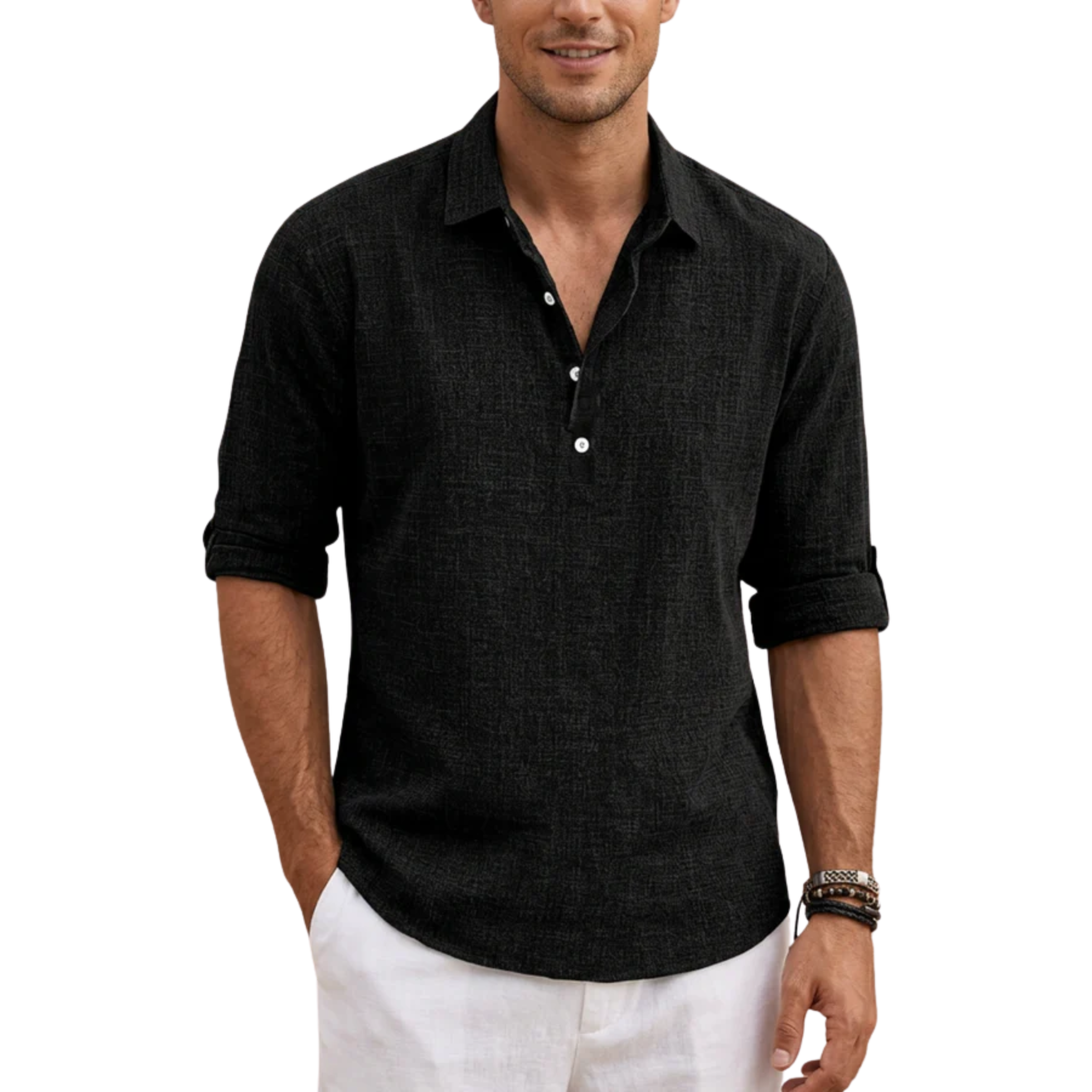 Men's short-sleeve polo — breathable linen blend — vacation