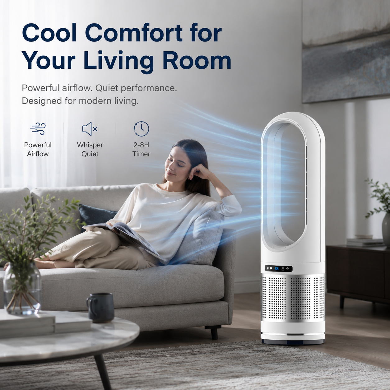 Ventilador de columna sin aspas con control remoto y oscilación