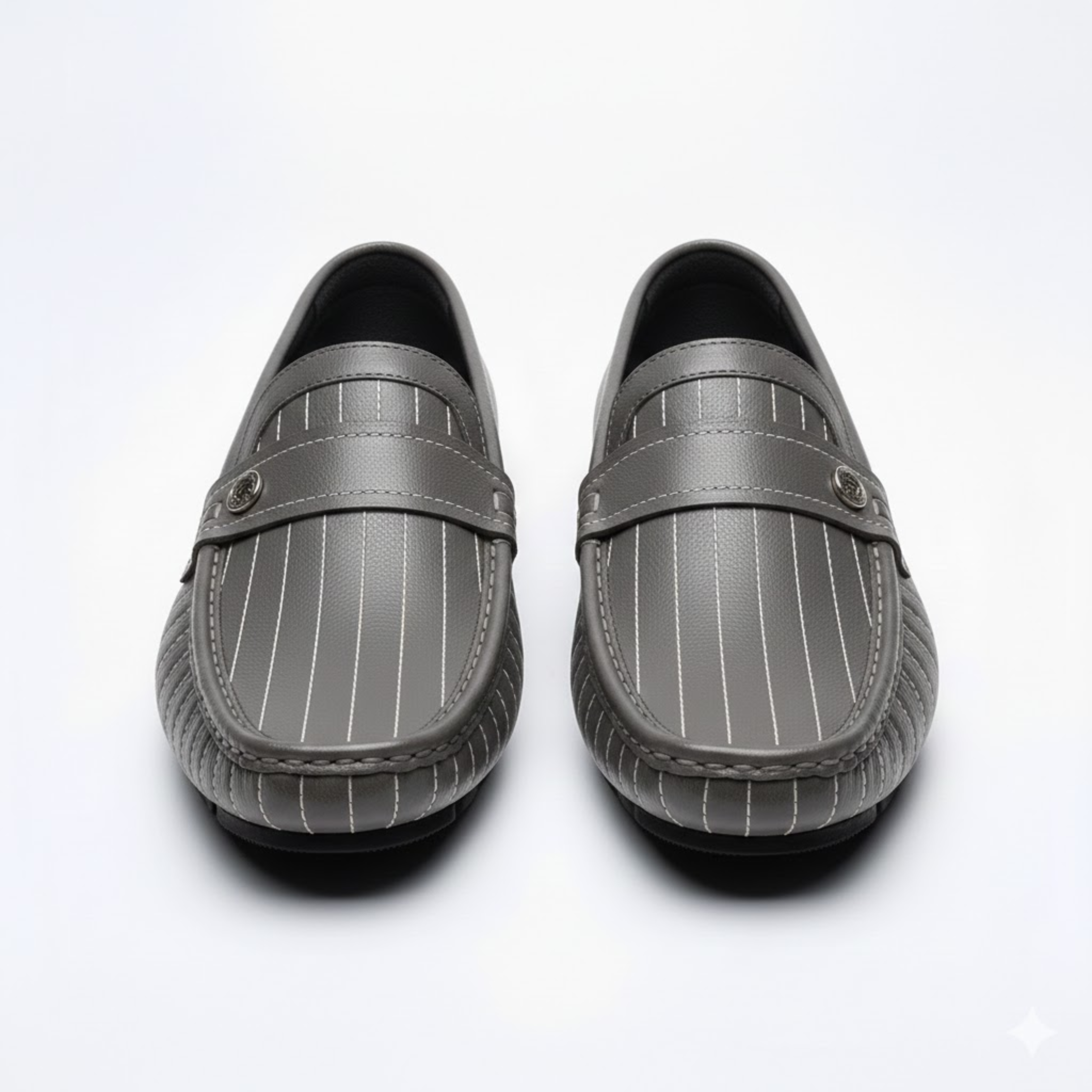Mocassini in Vera Pelle da Uomo a Righe con Bottone Decorativo e Slip-On