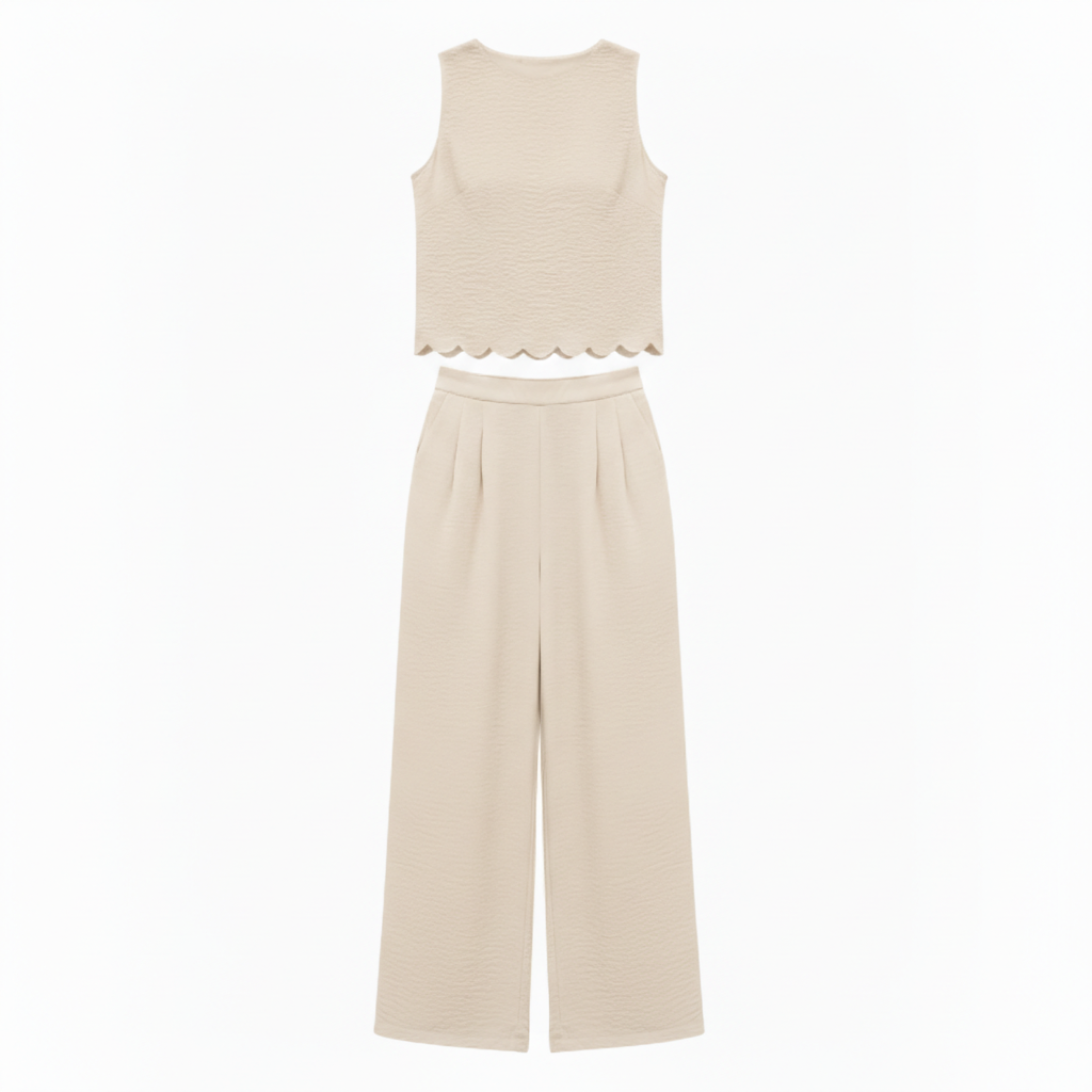 Completo due pezzi donna: top senza maniche con bordo a conchiglia e pantaloni larghi alla caviglia