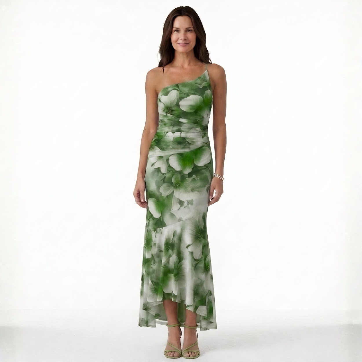 Robe Maxi Asymétrique à Imprimé Floral avec Fronces et Ourlet Queue de Poisson