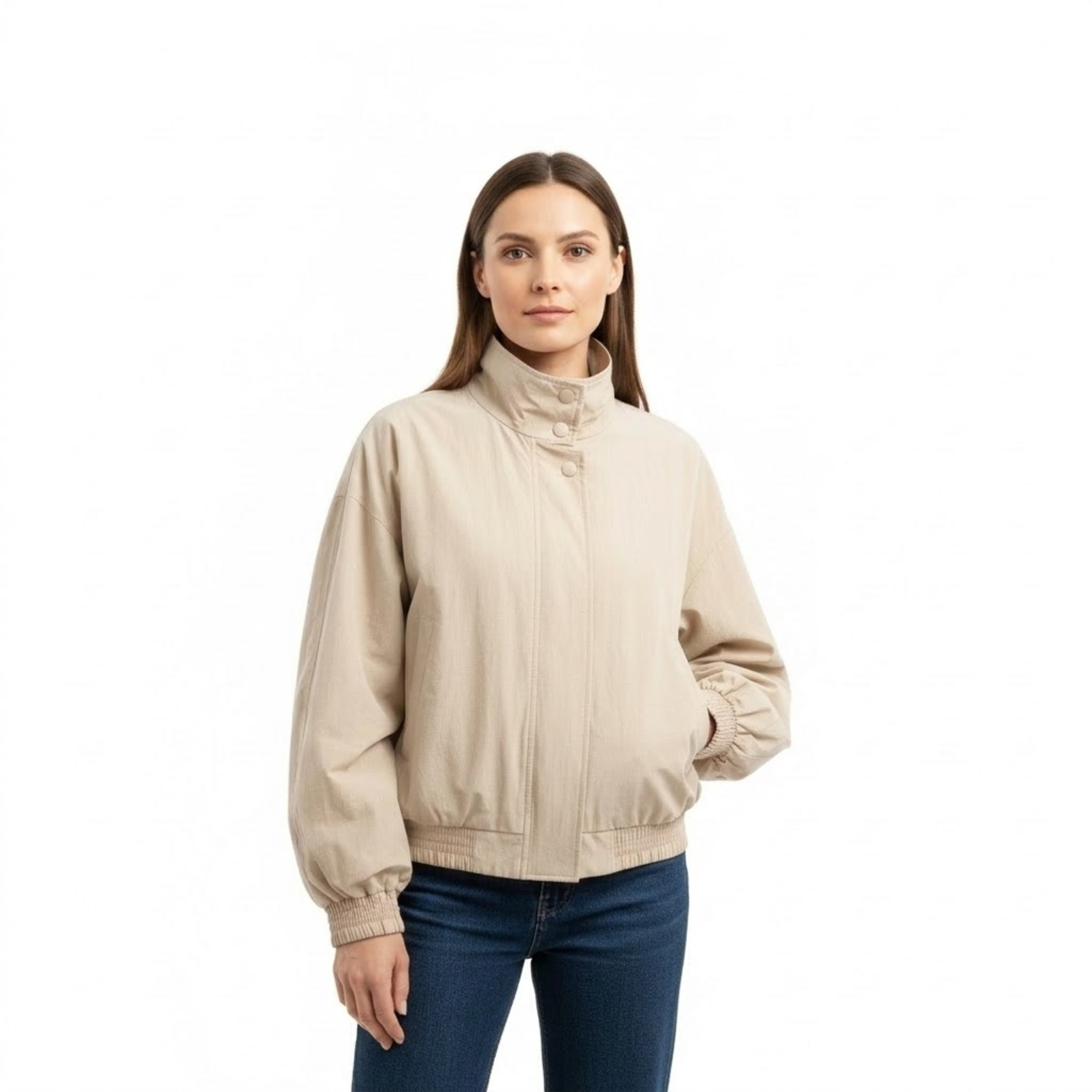 Light Jacket with Stand-Up Collar and Relaxed Fit with Zipper for Women