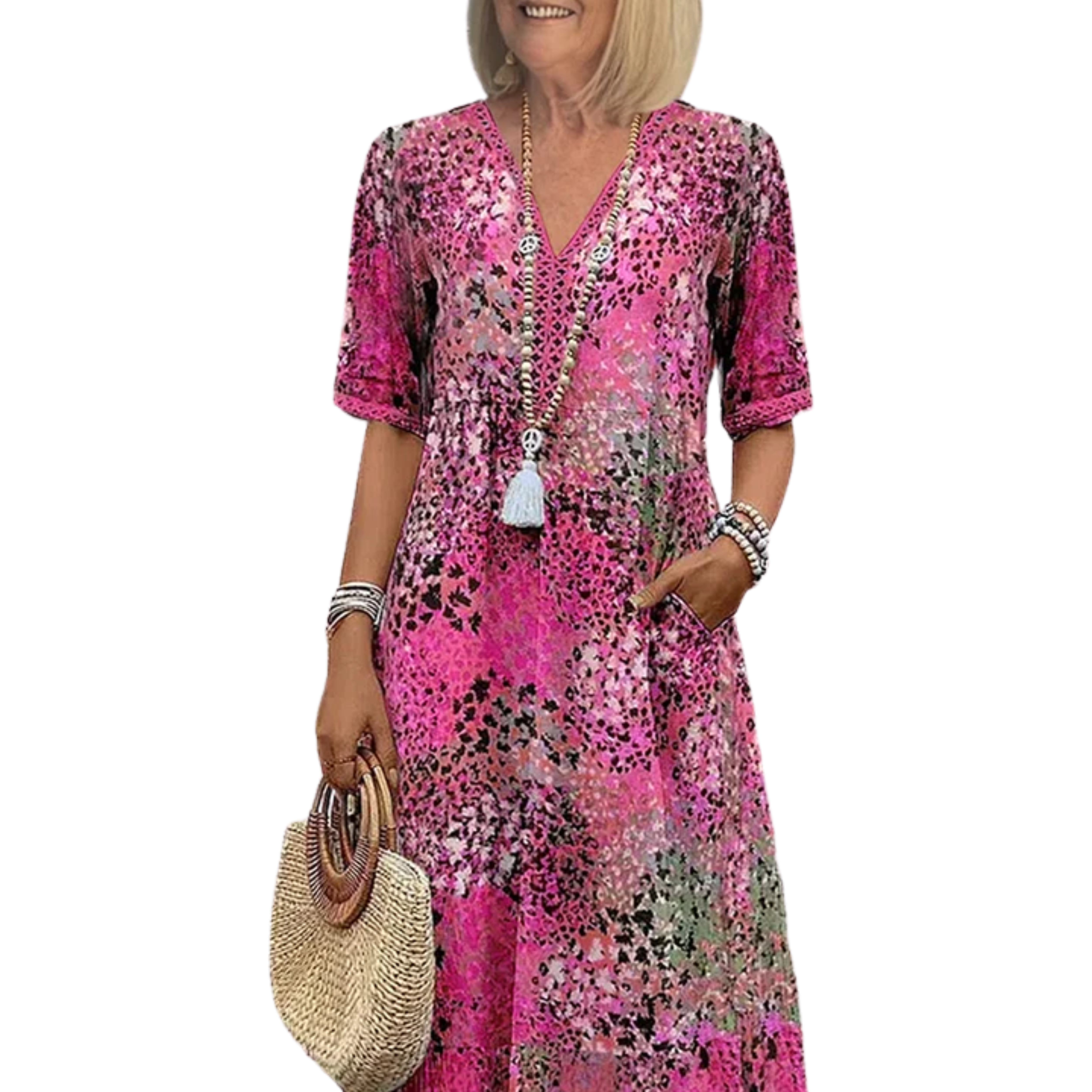 Women's mid-length flared dress — printed pattern and V-neck — casual