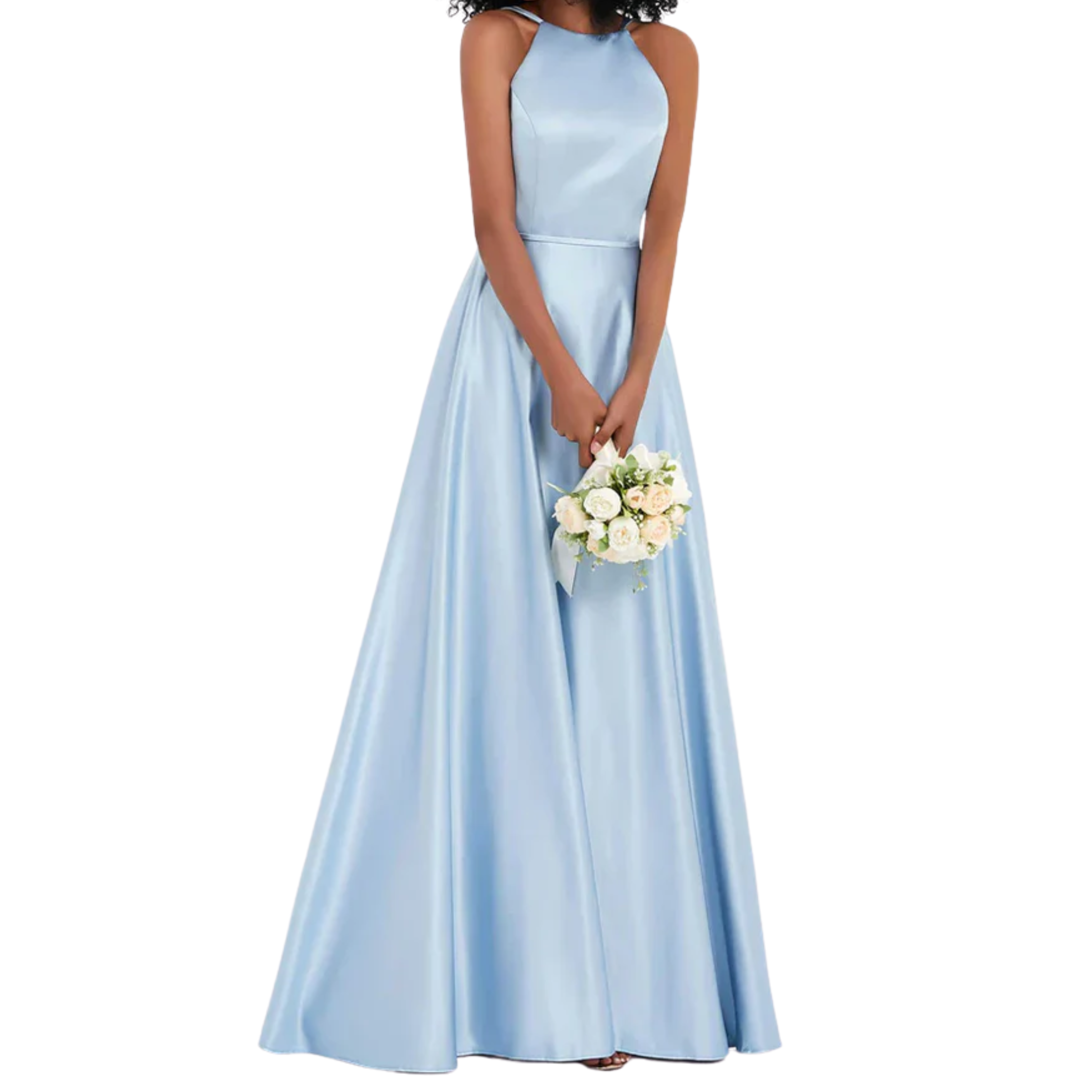 Vestido de ceremonia para mujer en satén brillante corte evasé con espalda descubierta