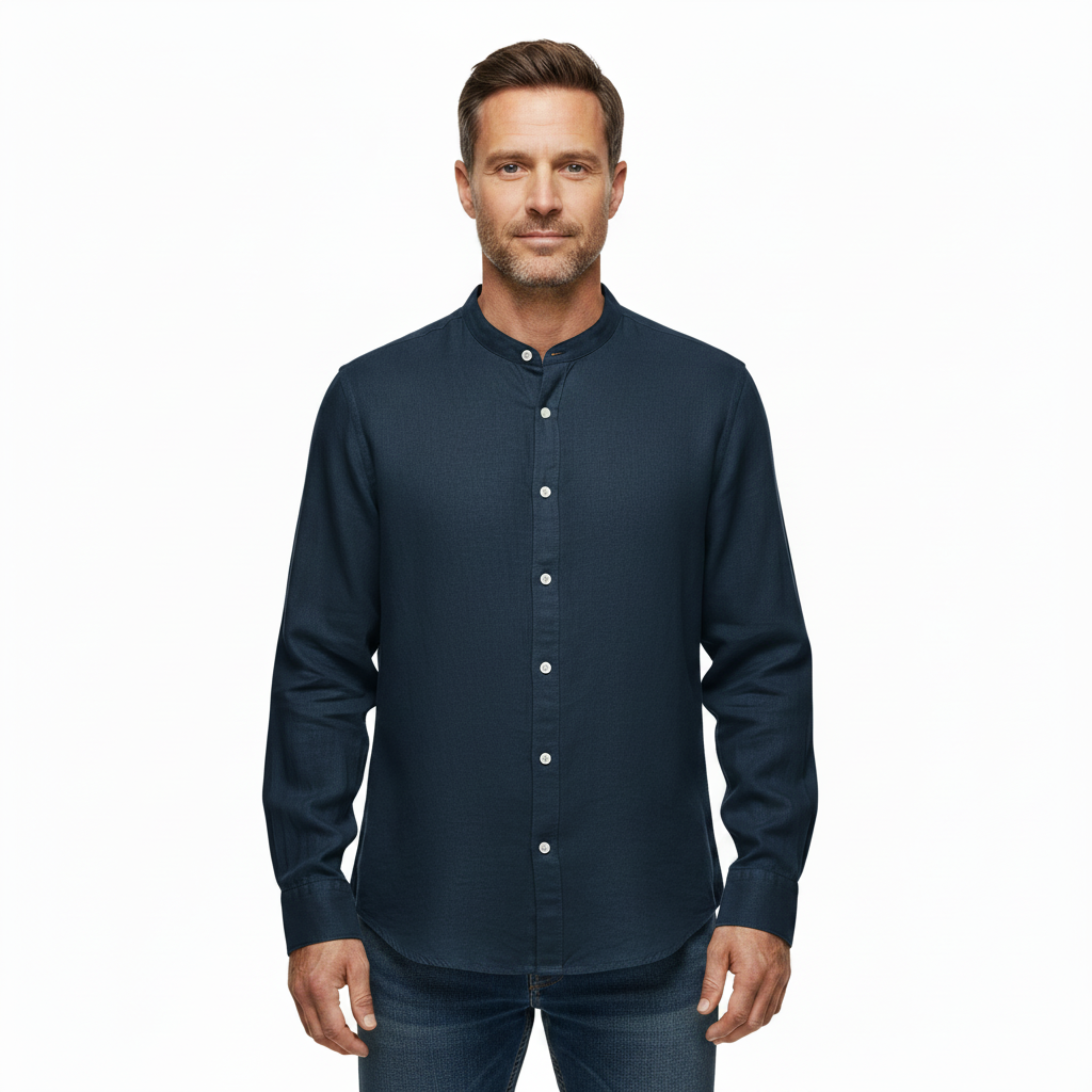 Camisa de lino para hombre con cuello clásico y mangas largas ajustables