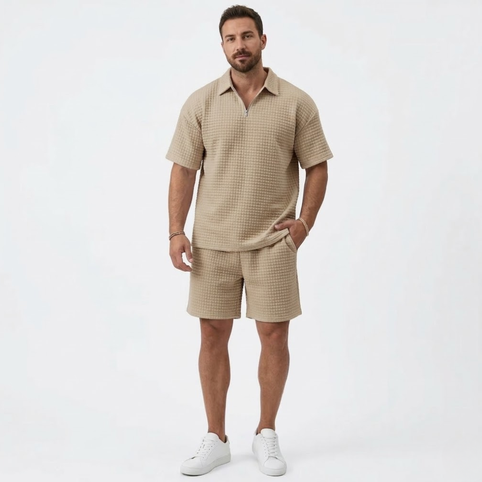 Men's Casual Set with Lapel Shirt and Checkered Shorts