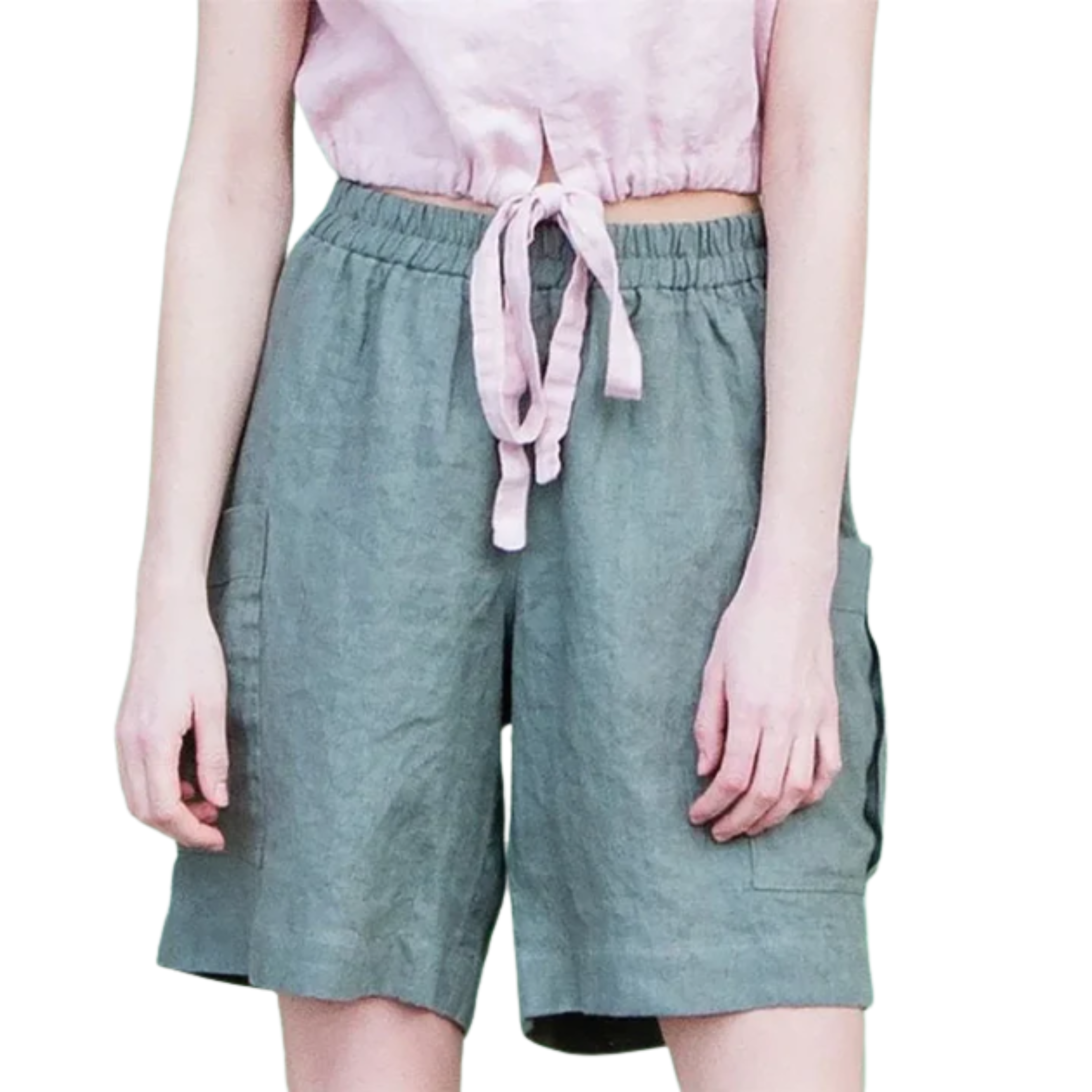 Short bermuda de lino para mujer con talle alto y bolsillos aplicados