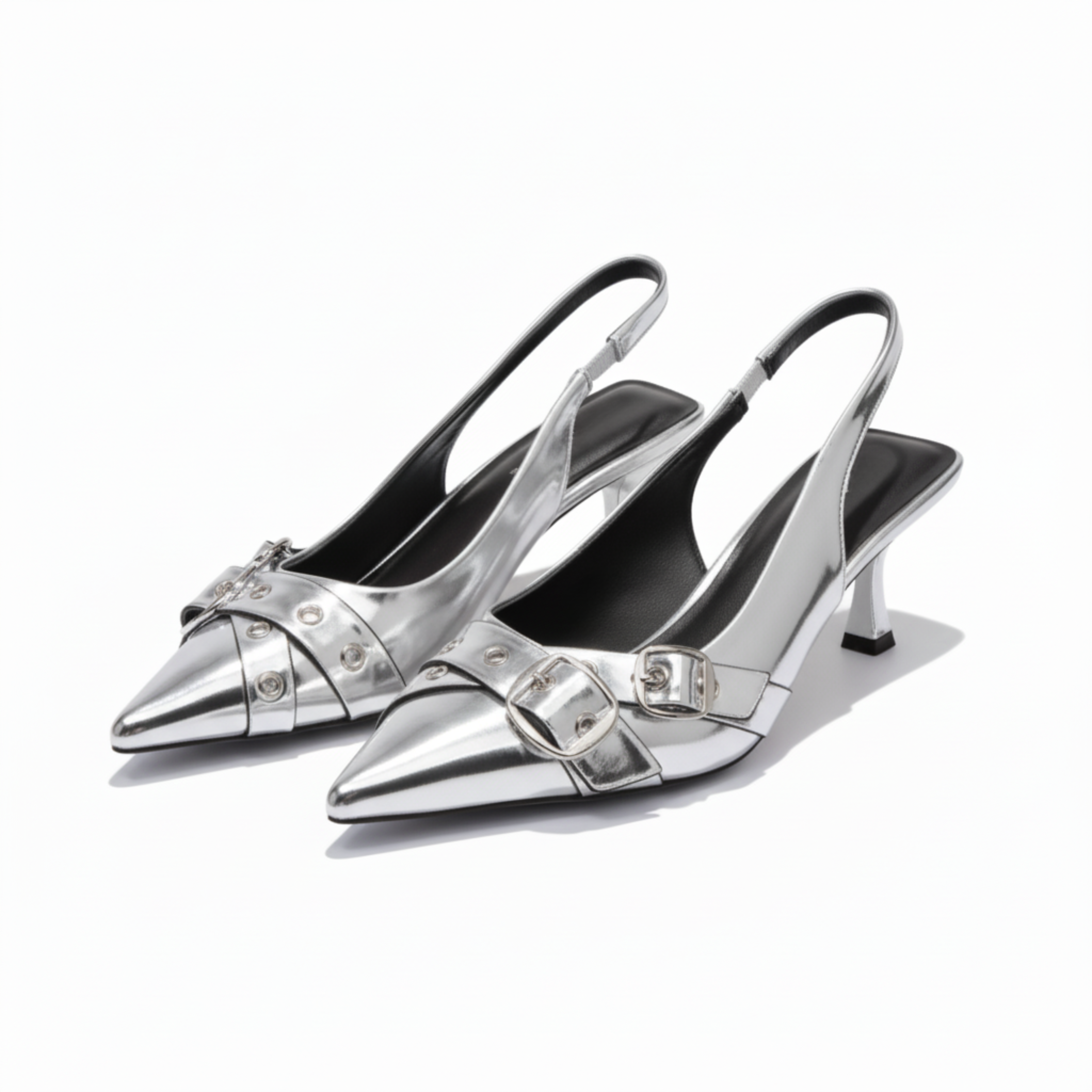 Pointed Toe Slingback Pumps in Faux Leather with Metal Details for Women