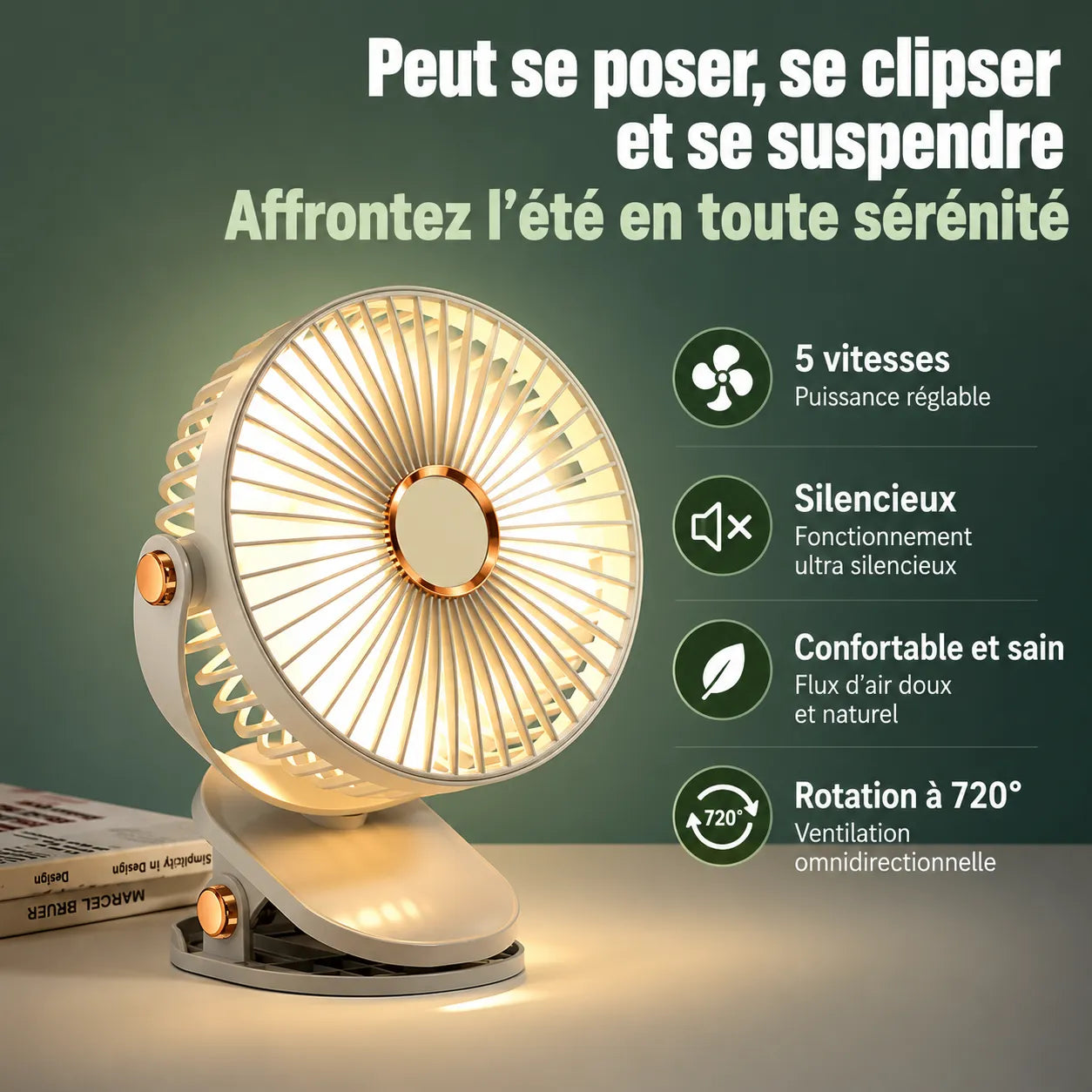 Ventilador portátil recargable con clip de 8000 mAh con LED y 5 velocidades