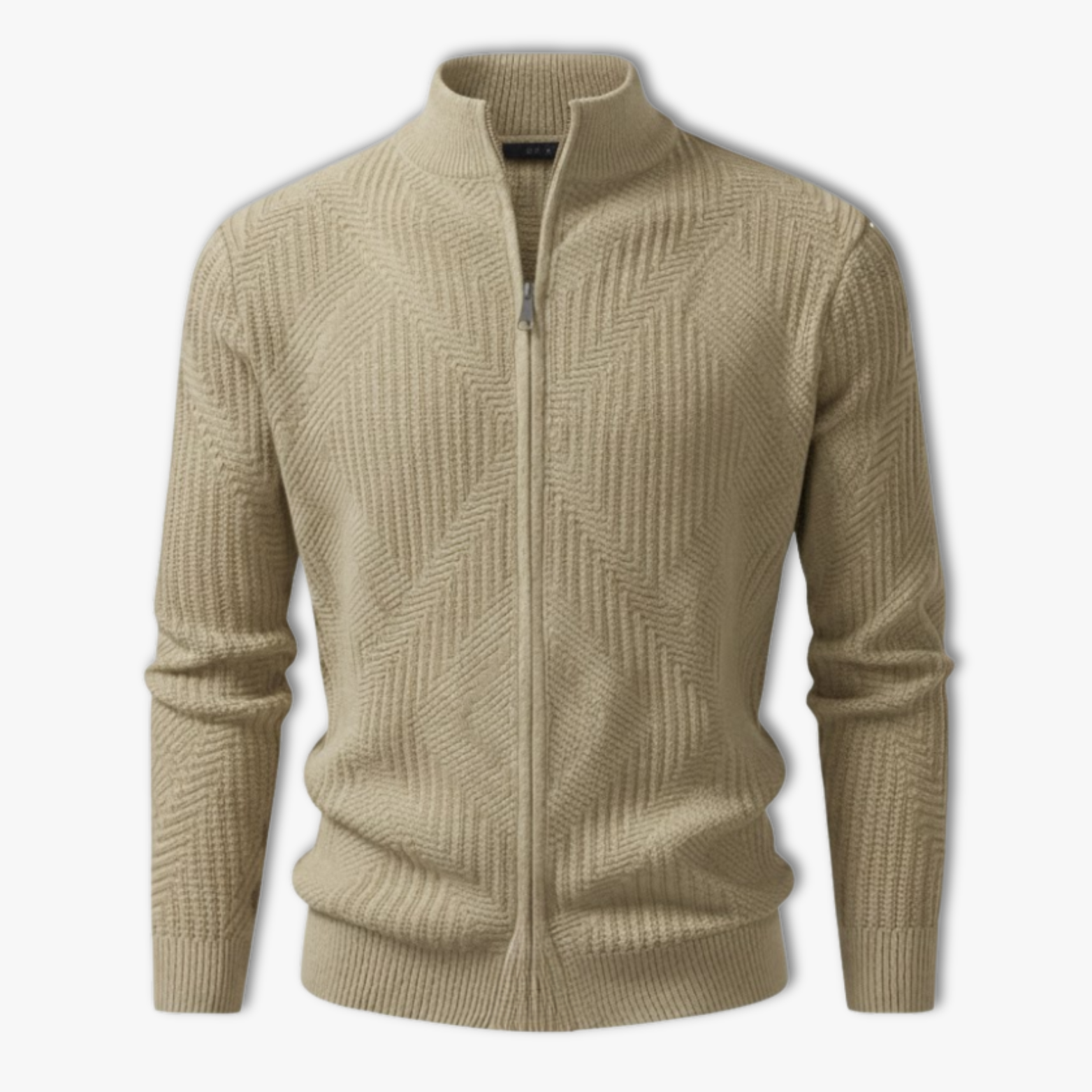 Men's knitted jacket with geometric patterns and protective stand-up collar