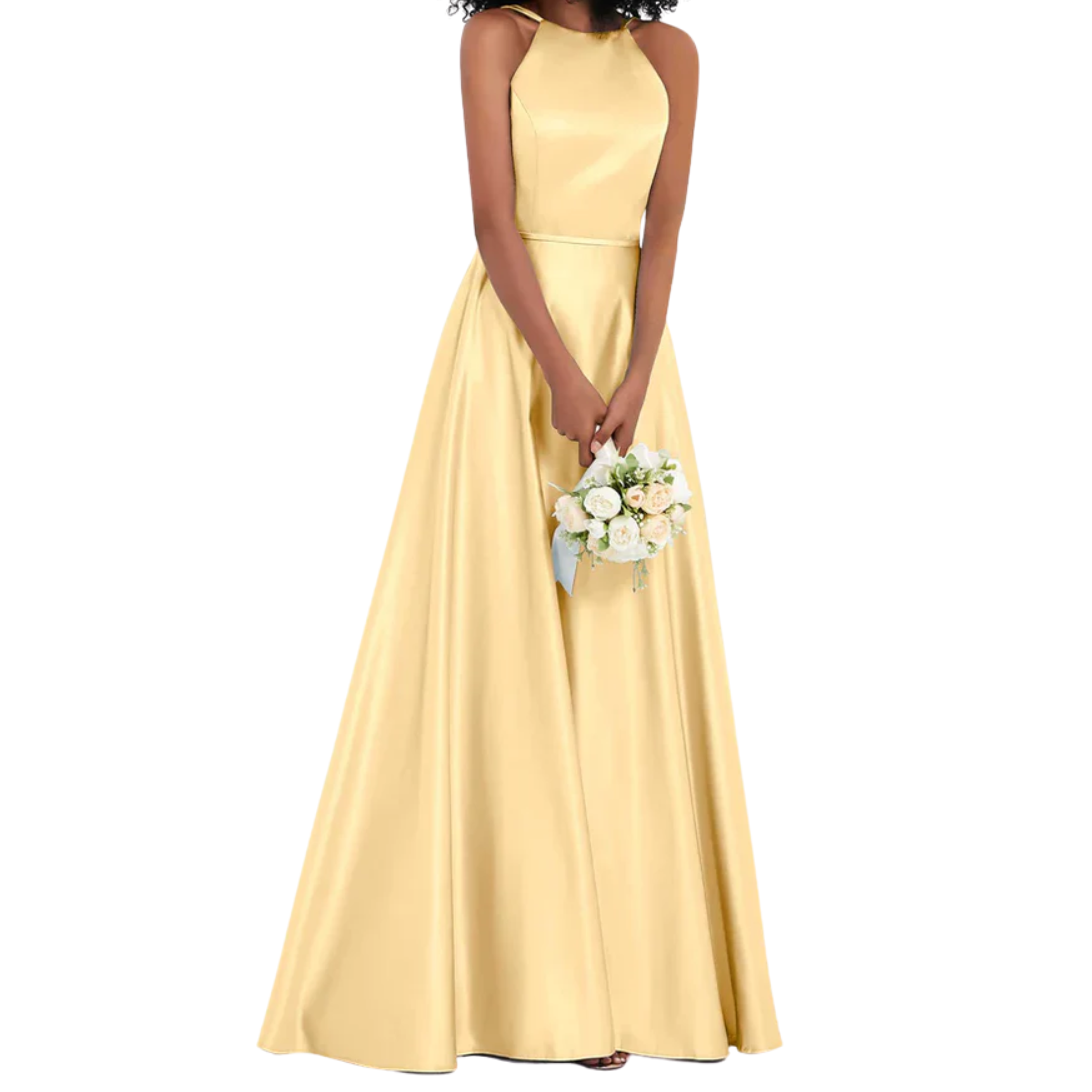 Vestido de ceremonia para mujer en satén brillante corte evasé con espalda descubierta