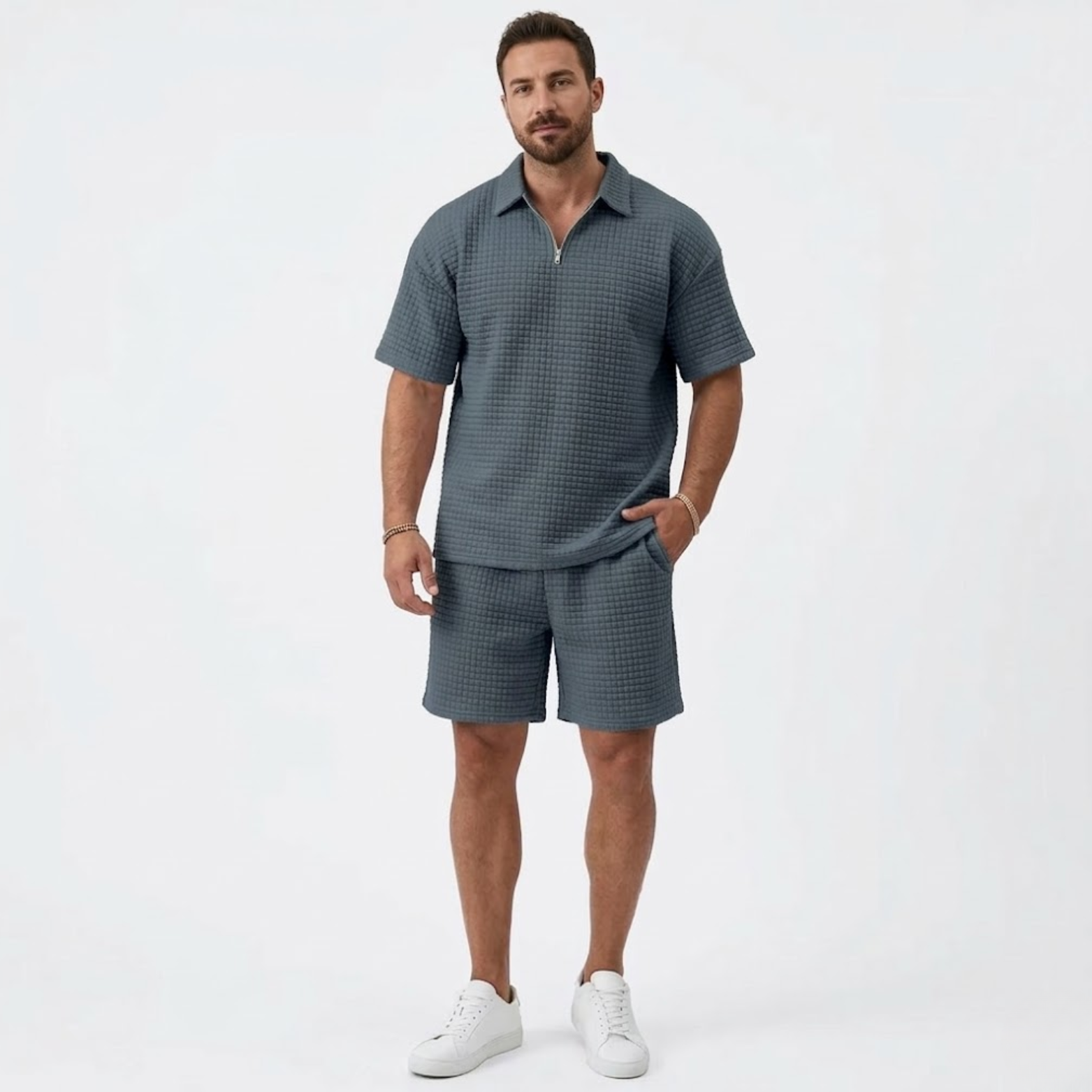 Men's Casual Set with Lapel Shirt and Checkered Shorts