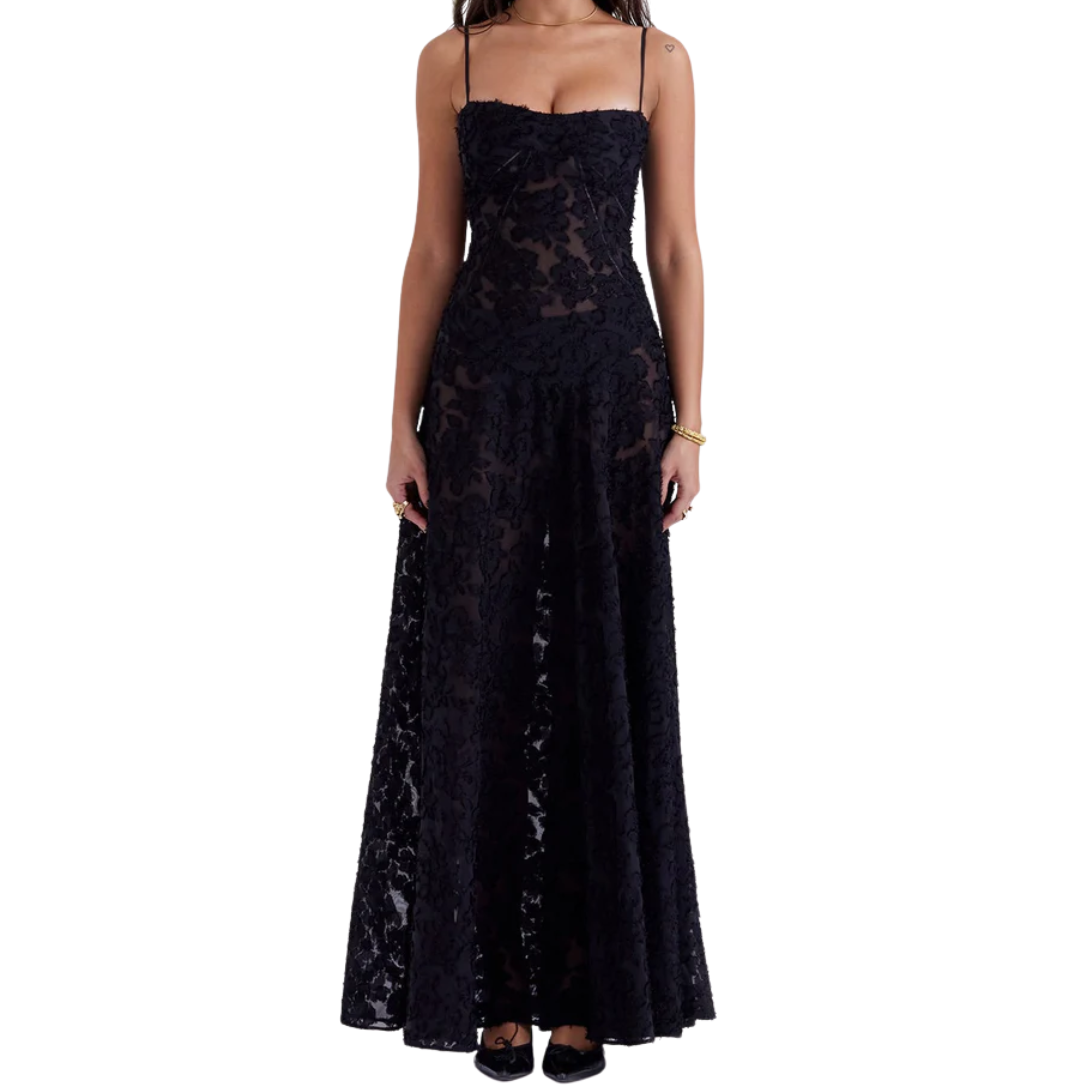 Vestido de noche largo con corsé, bordados florales y corte evasé para mujer
