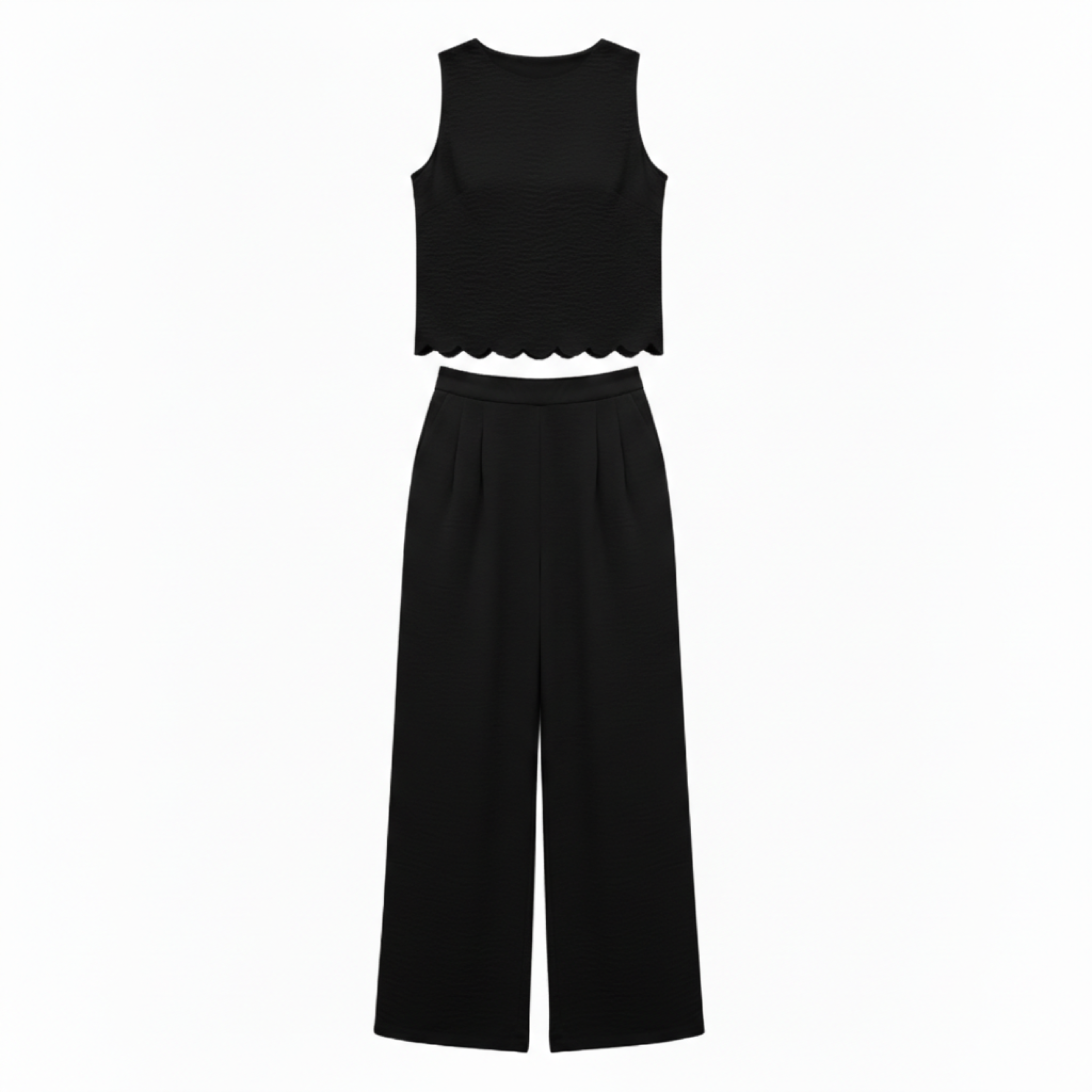 Completo due pezzi donna: top senza maniche con bordo a conchiglia e pantaloni larghi alla caviglia