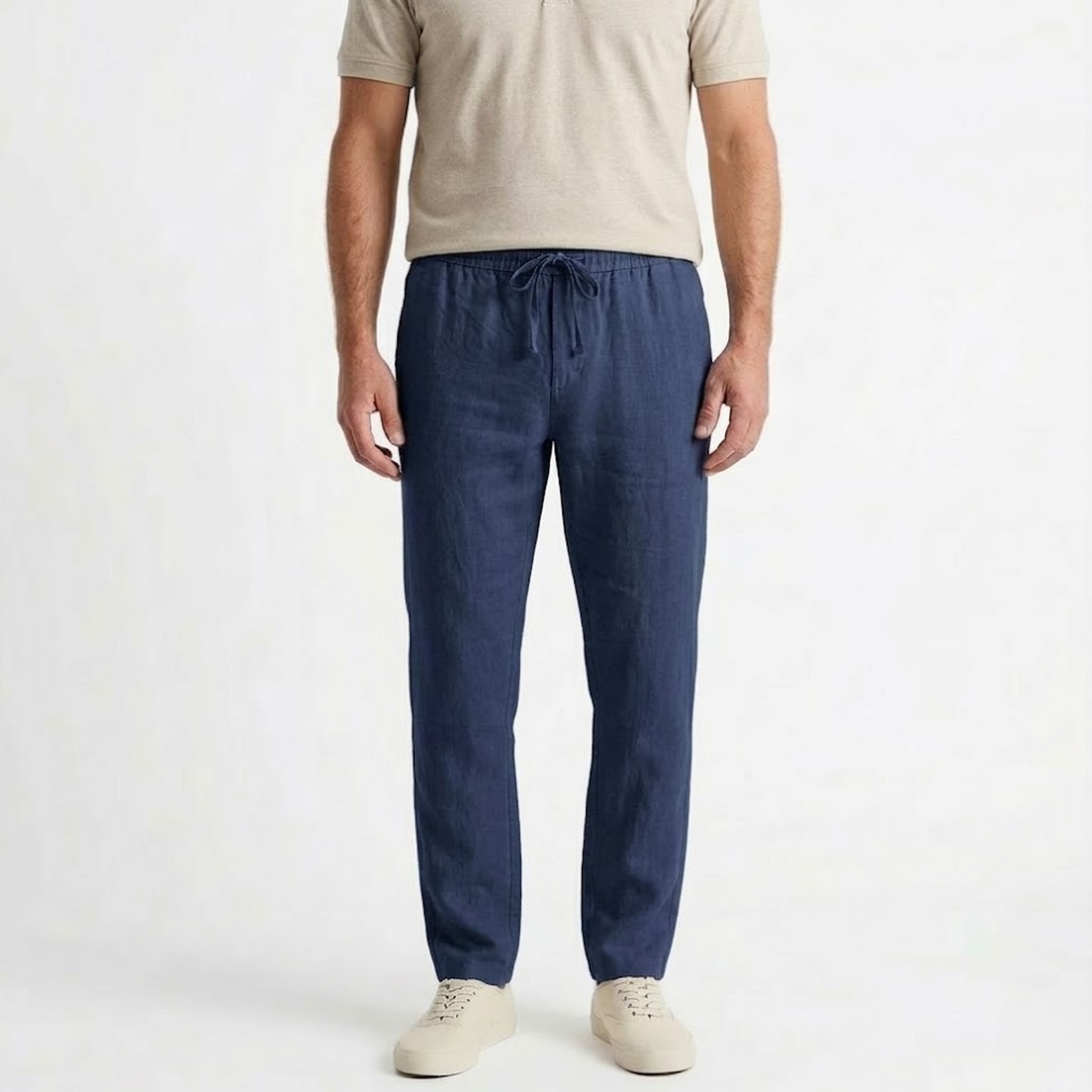 Pantaloni bărbați din bumbac și in cu talie elastică și șnur de strângere