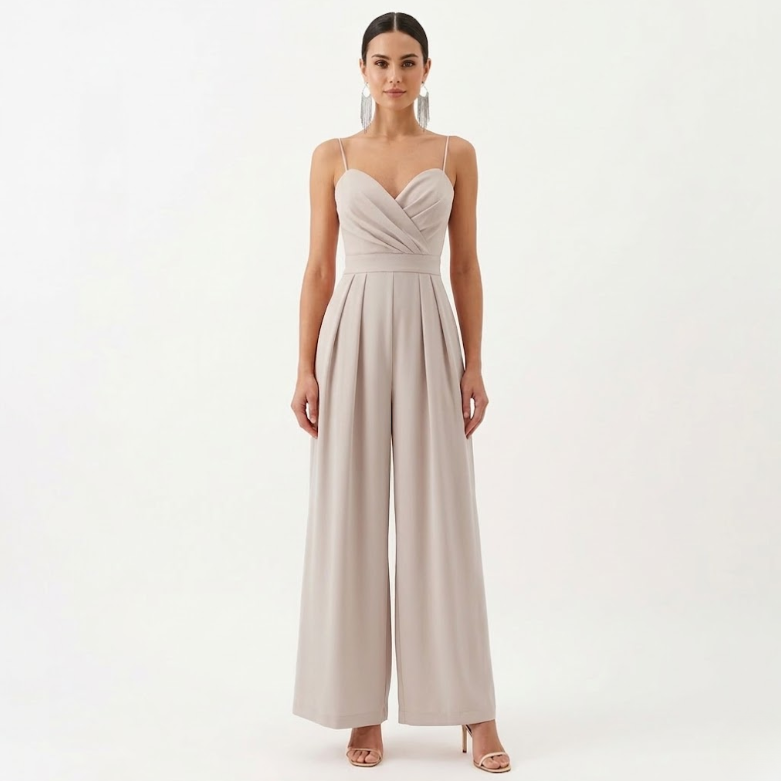 Combinaison Pantalon Large à Bretelles avec Col en V et Taille Haute pour Femmes