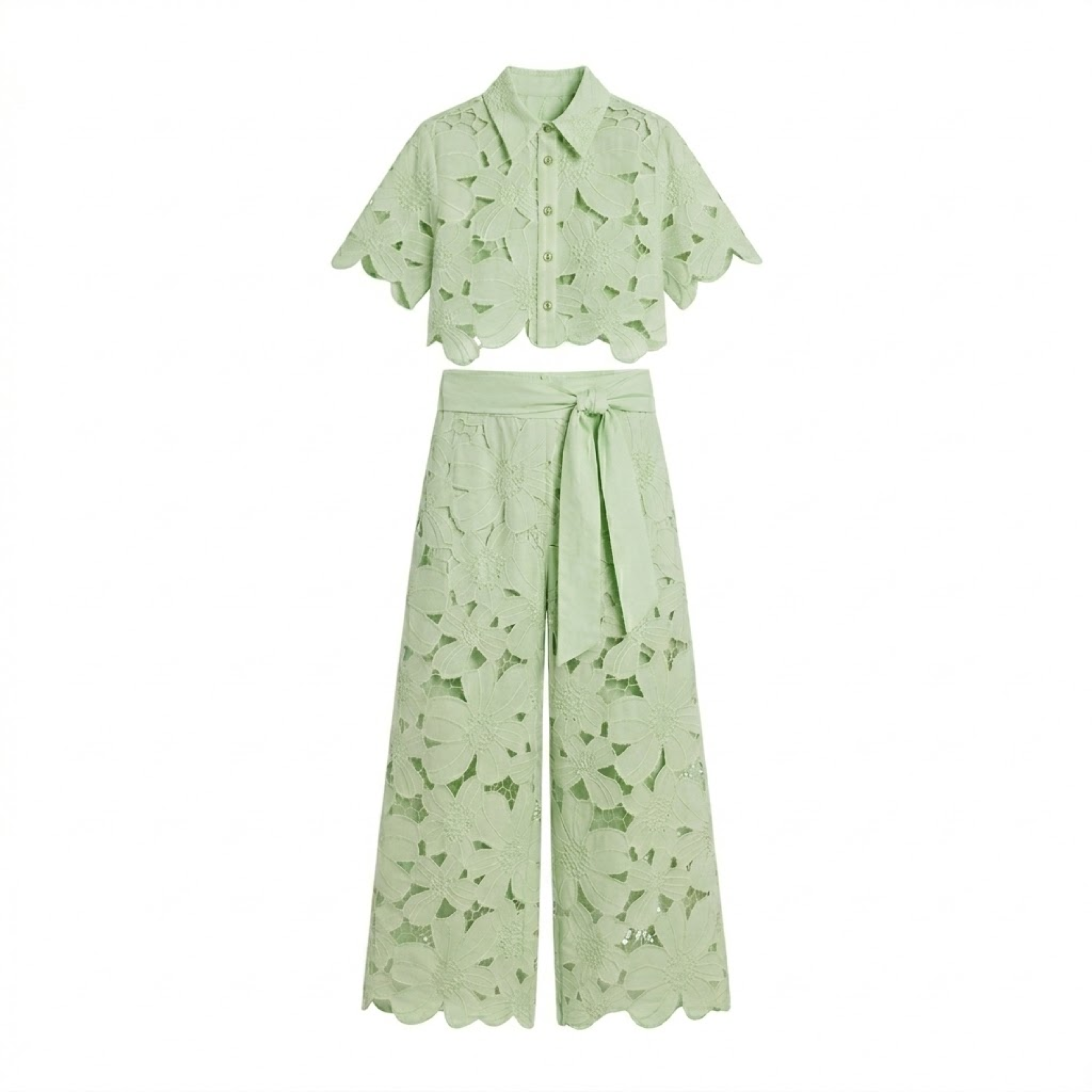 Women's Two-Piece Set with Lace Crop Top and Wide-Leg Pants