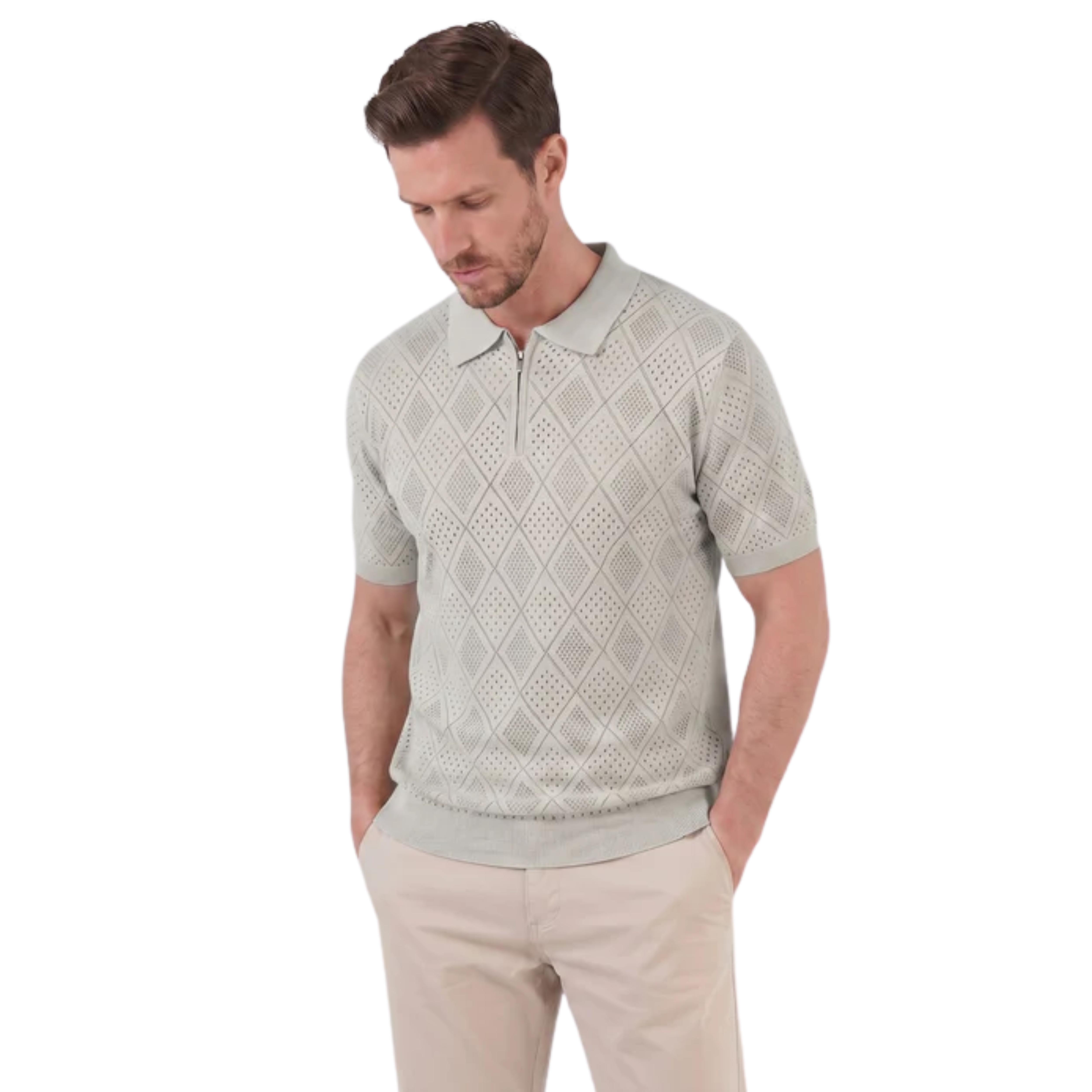 Polo masculino em malha aberta com fecho éclair — viagem