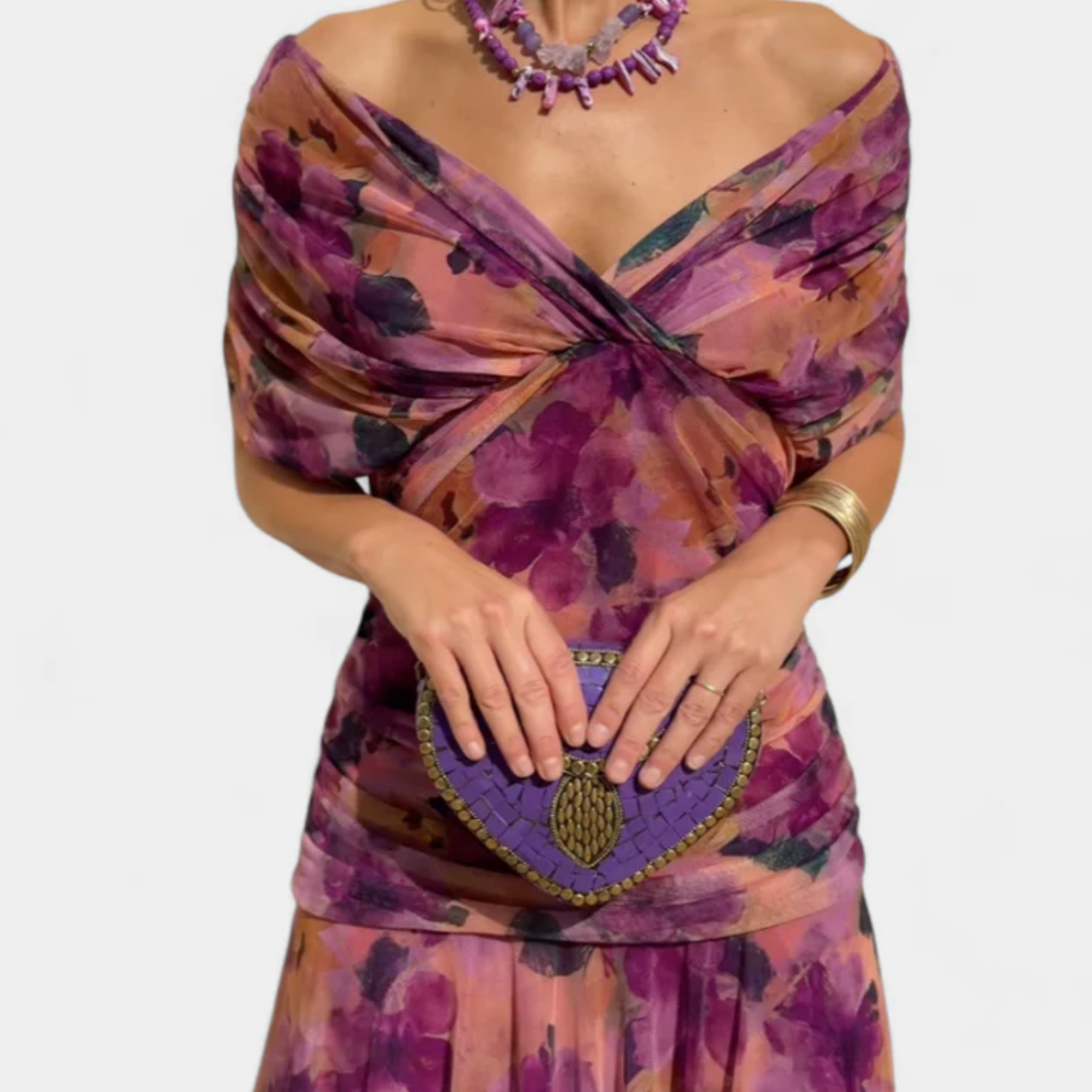 Flared maxi dress — V-neck and flutter sleeves — ceremony