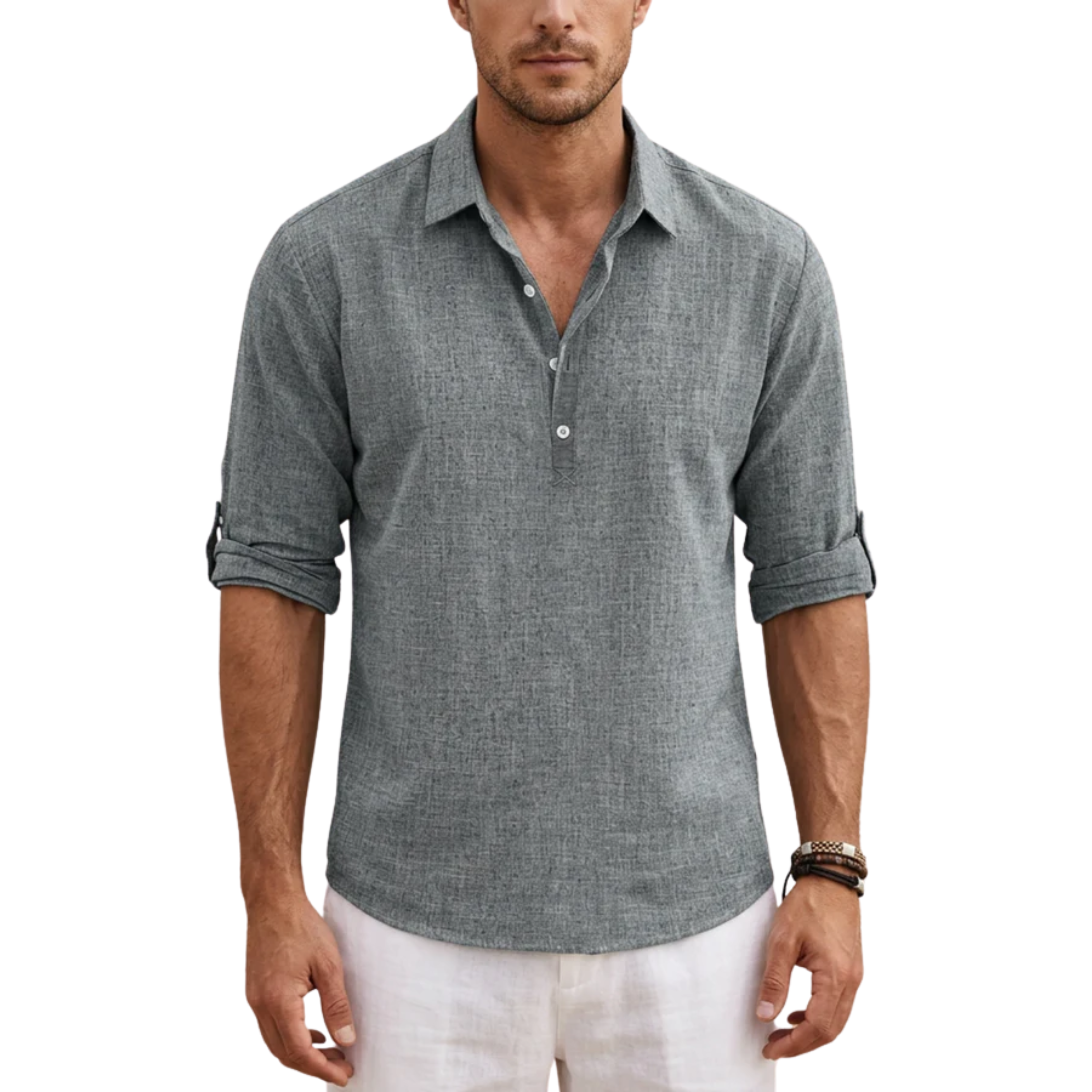 Men's short-sleeve polo — breathable linen blend — vacation