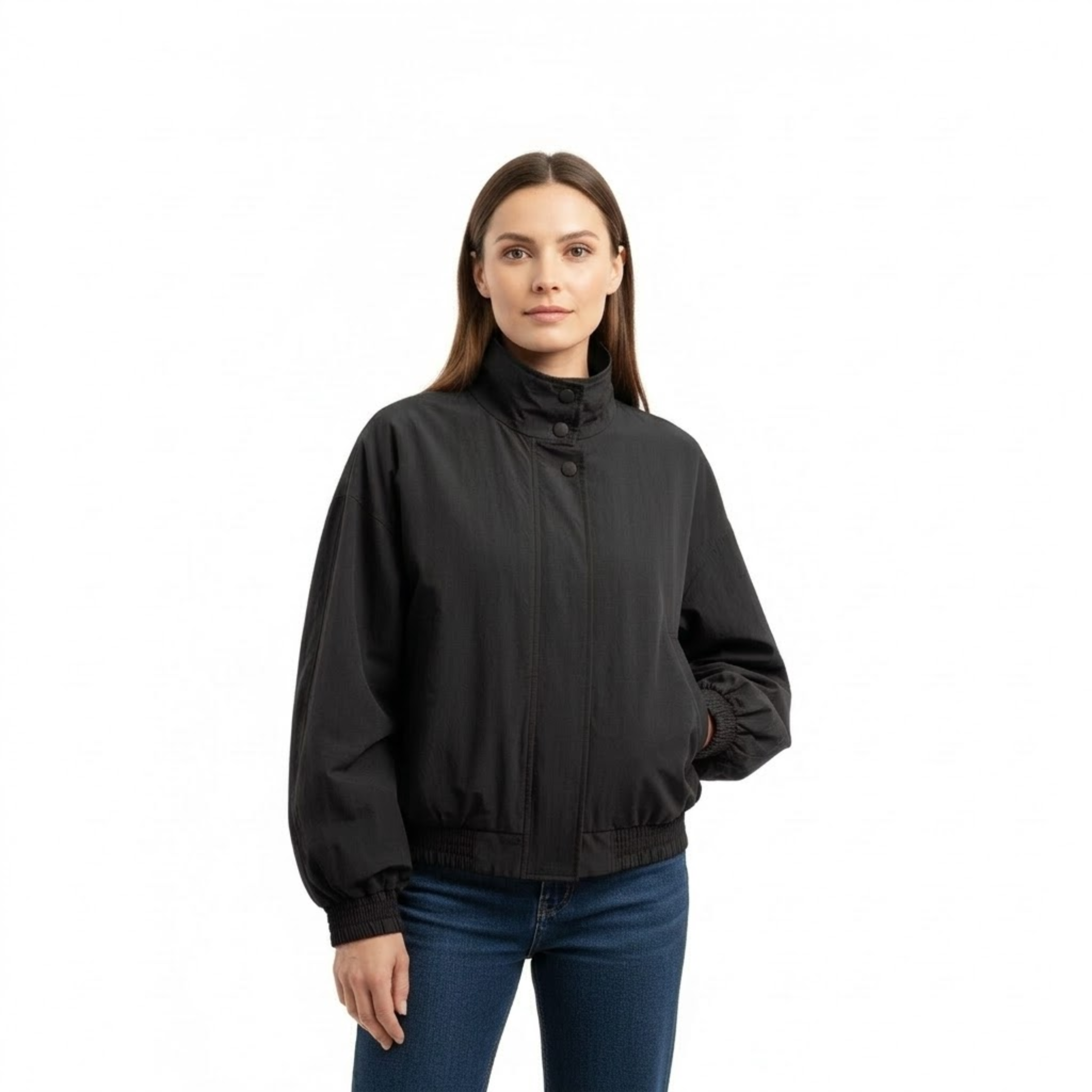 Light Jacket with Stand-Up Collar and Relaxed Fit with Zipper for Women