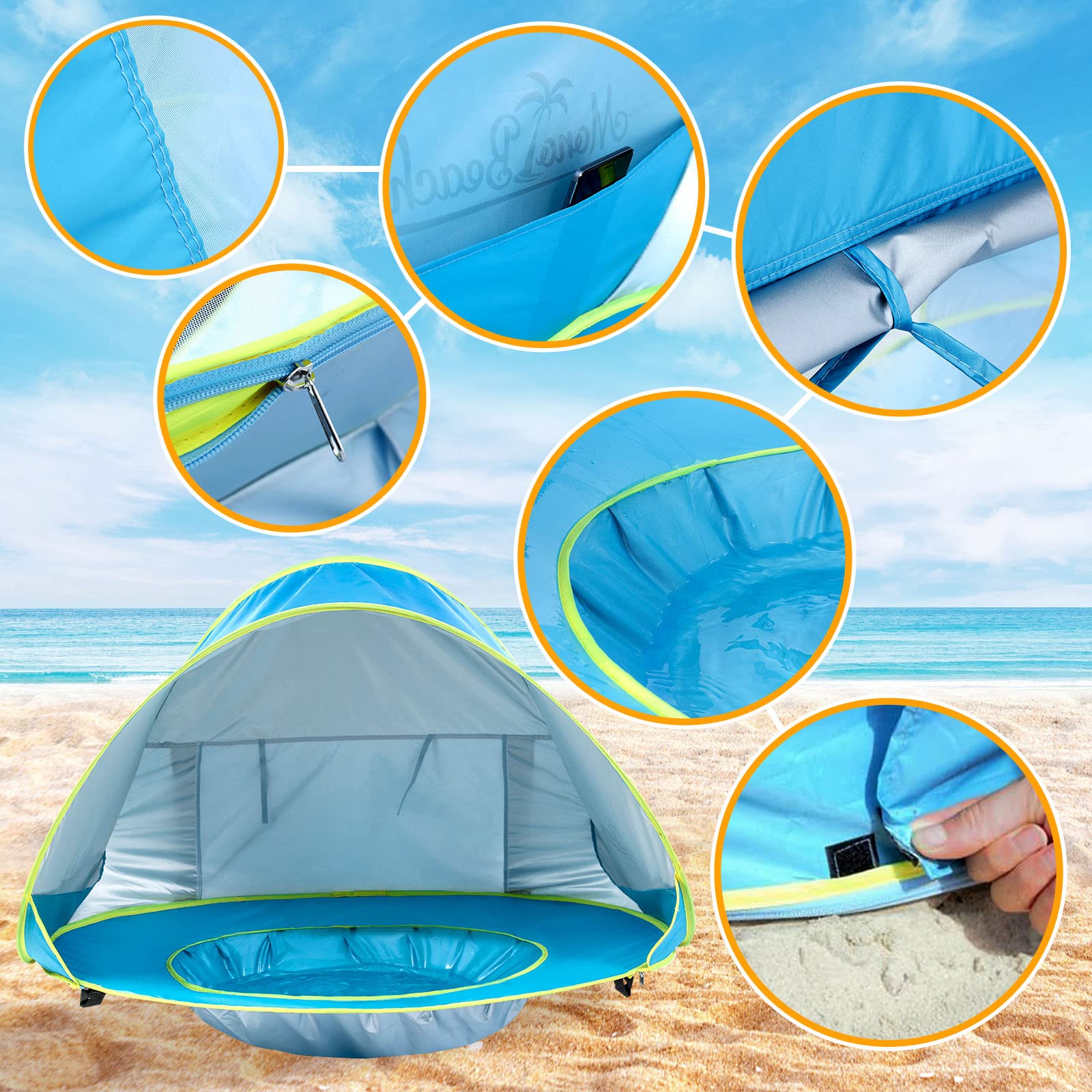 Tienda de playa para bebé con piscina integrada y protección solar UPF 50+