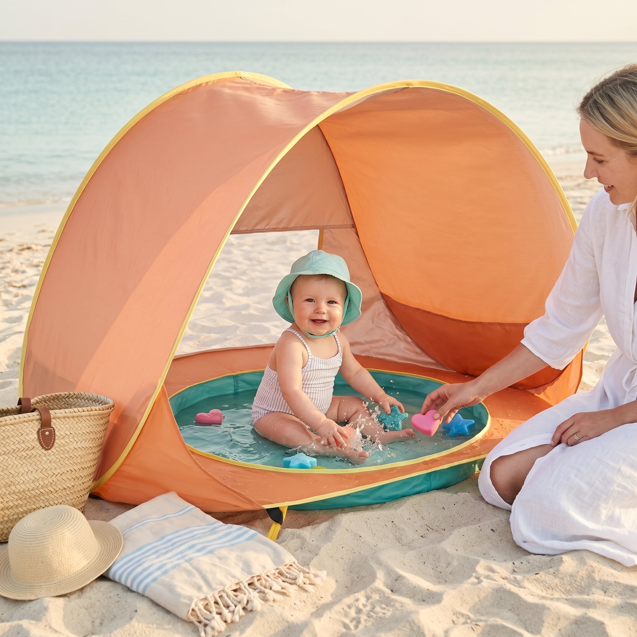 Tienda de playa para bebé con piscina integrada y protección solar UPF 50+